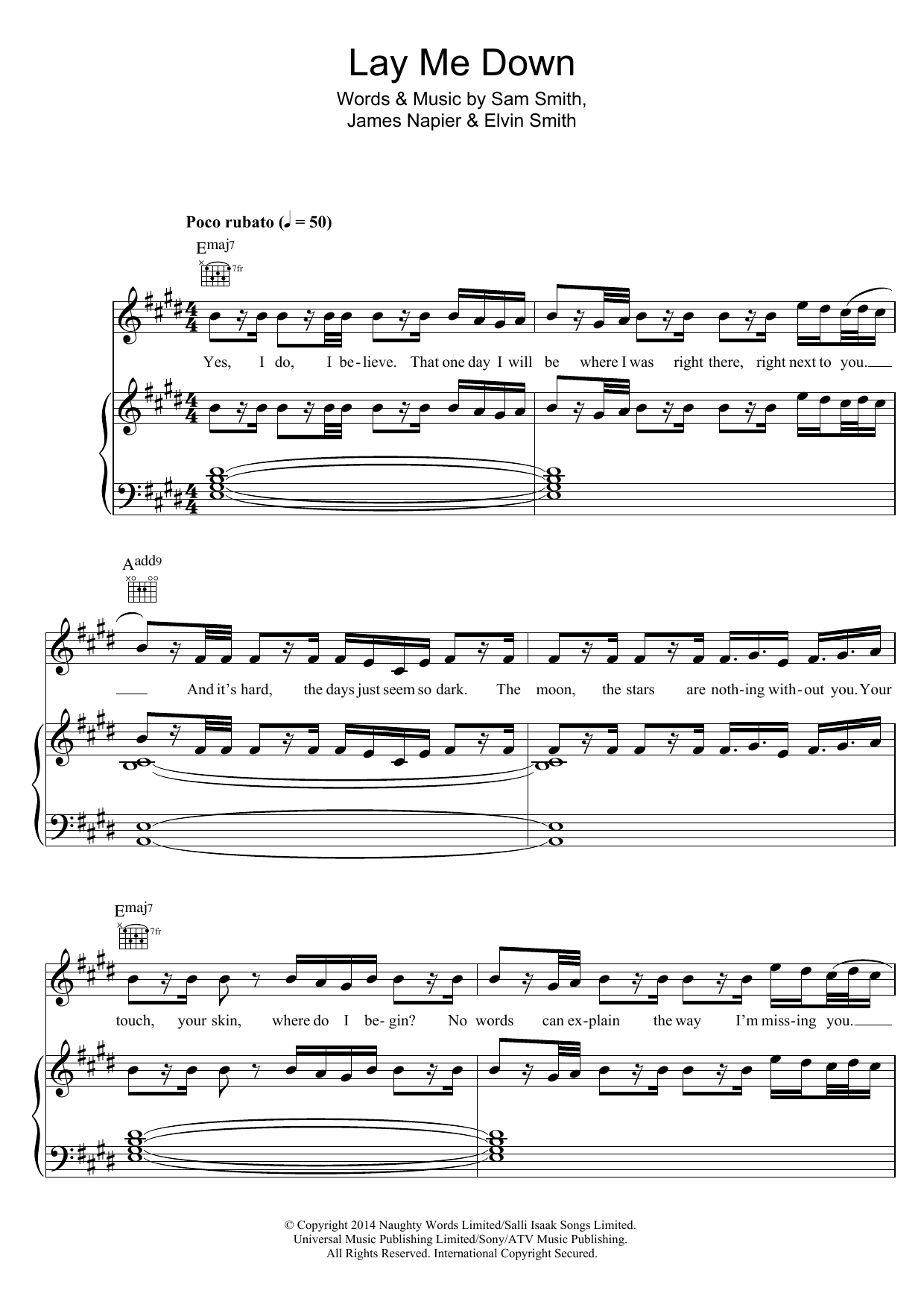 Sam Smith Lay Me Down Sheet Music Notes & Chords for Easy Piano - Download or Print PDF
