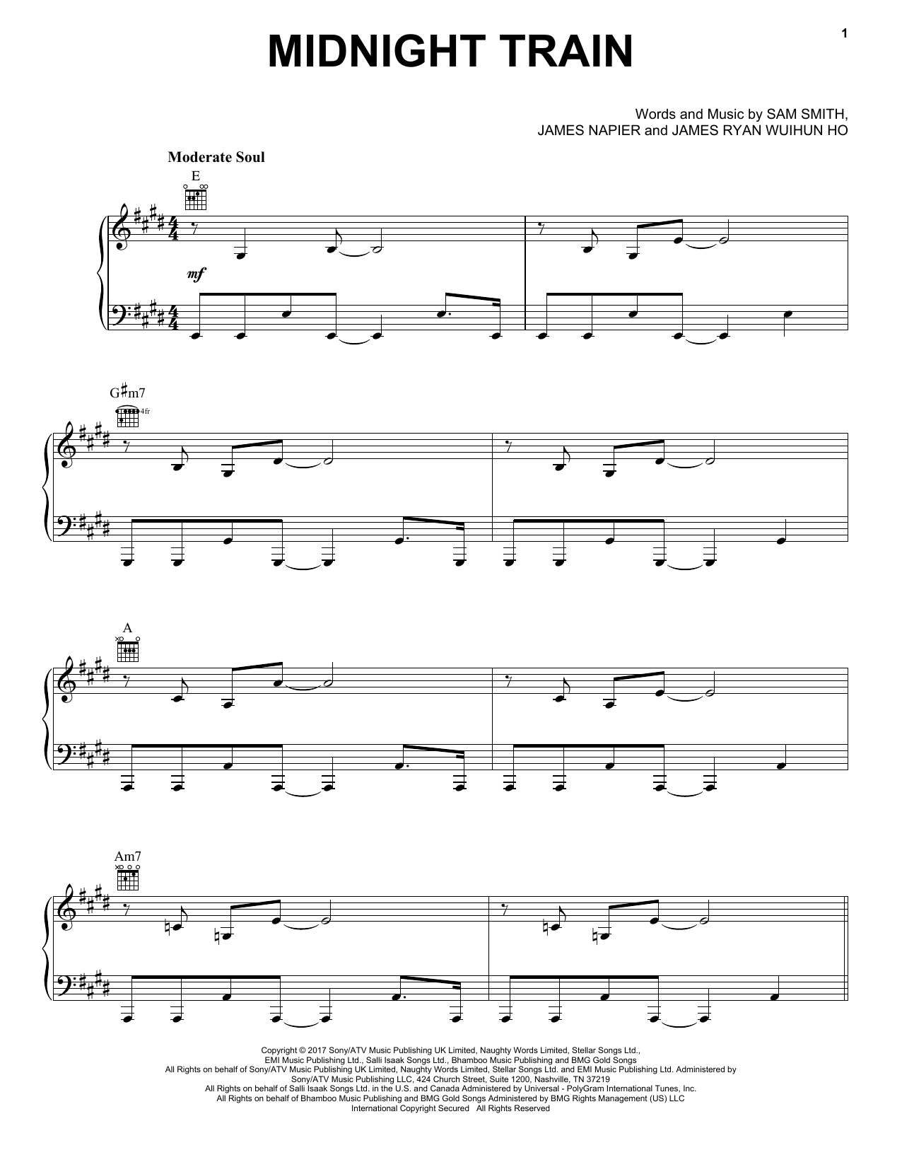 Sam Smith Midnight Train Sheet Music Notes & Chords for Piano, Vocal & Guitar (Right-Hand Melody) - Download or Print PDF