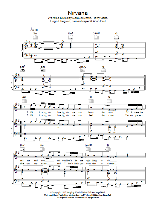 Sam Smith Nirvana Sheet Music Notes & Chords for Piano, Vocal & Guitar (Right-Hand Melody) - Download or Print PDF