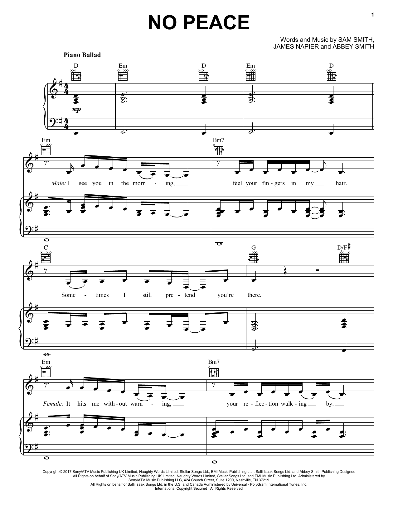 Sam Smith No Peace (feat. YEBBA) Sheet Music Notes & Chords for Easy Piano - Download or Print PDF