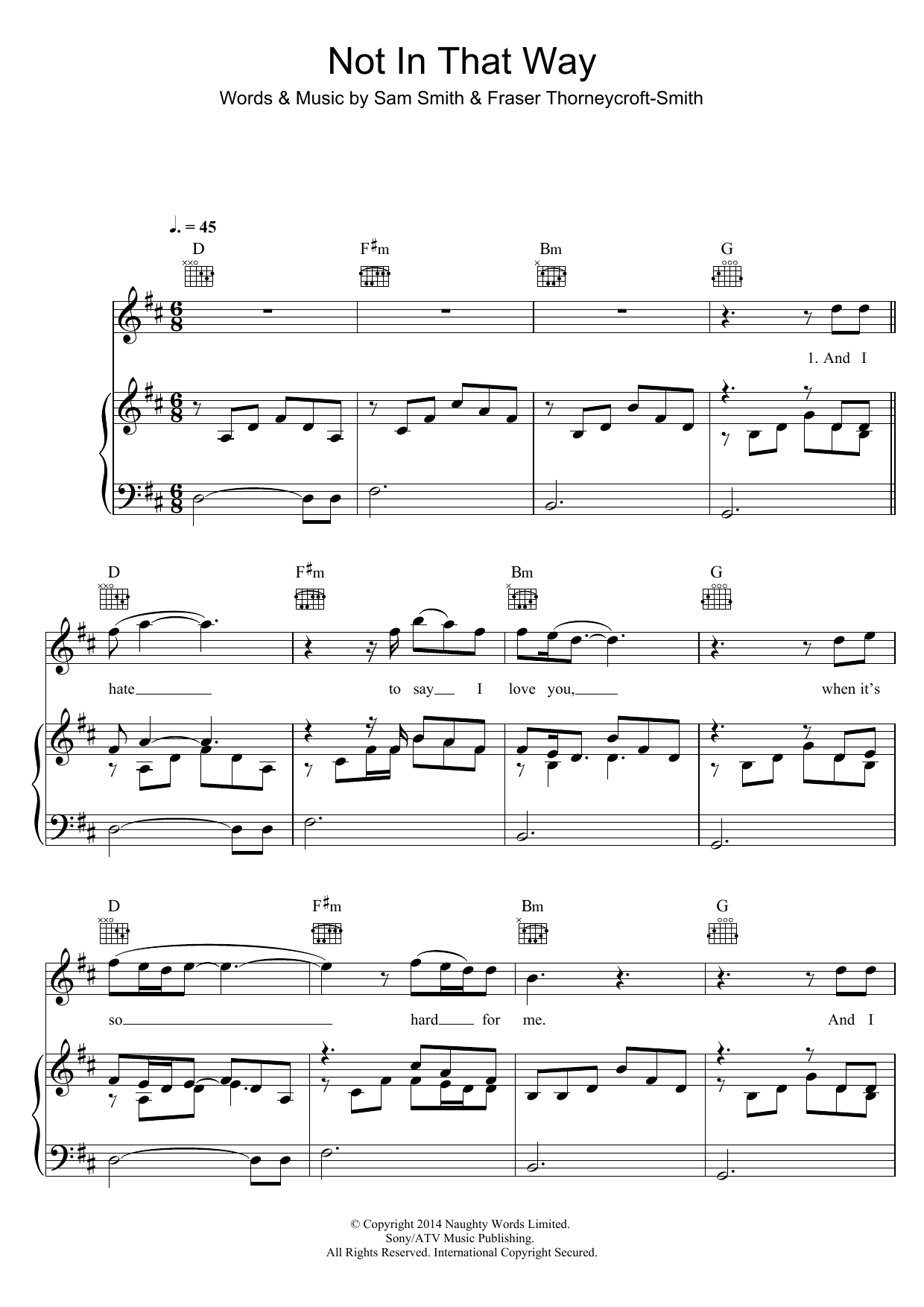 Sam Smith Not In That Way Sheet Music Notes & Chords for Piano, Vocal & Guitar (Right-Hand Melody) - Download or Print PDF
