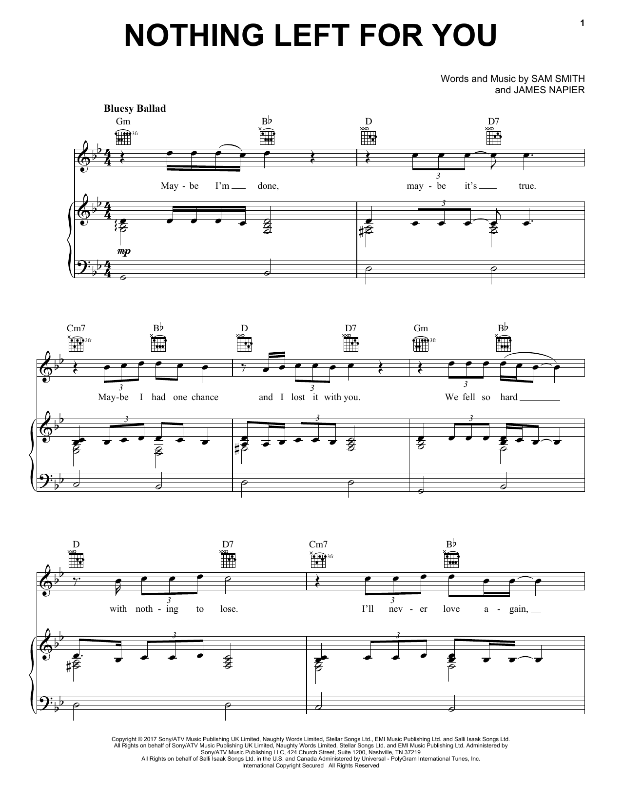 Sam Smith Nothing Left For You Sheet Music Notes & Chords for Easy Piano - Download or Print PDF