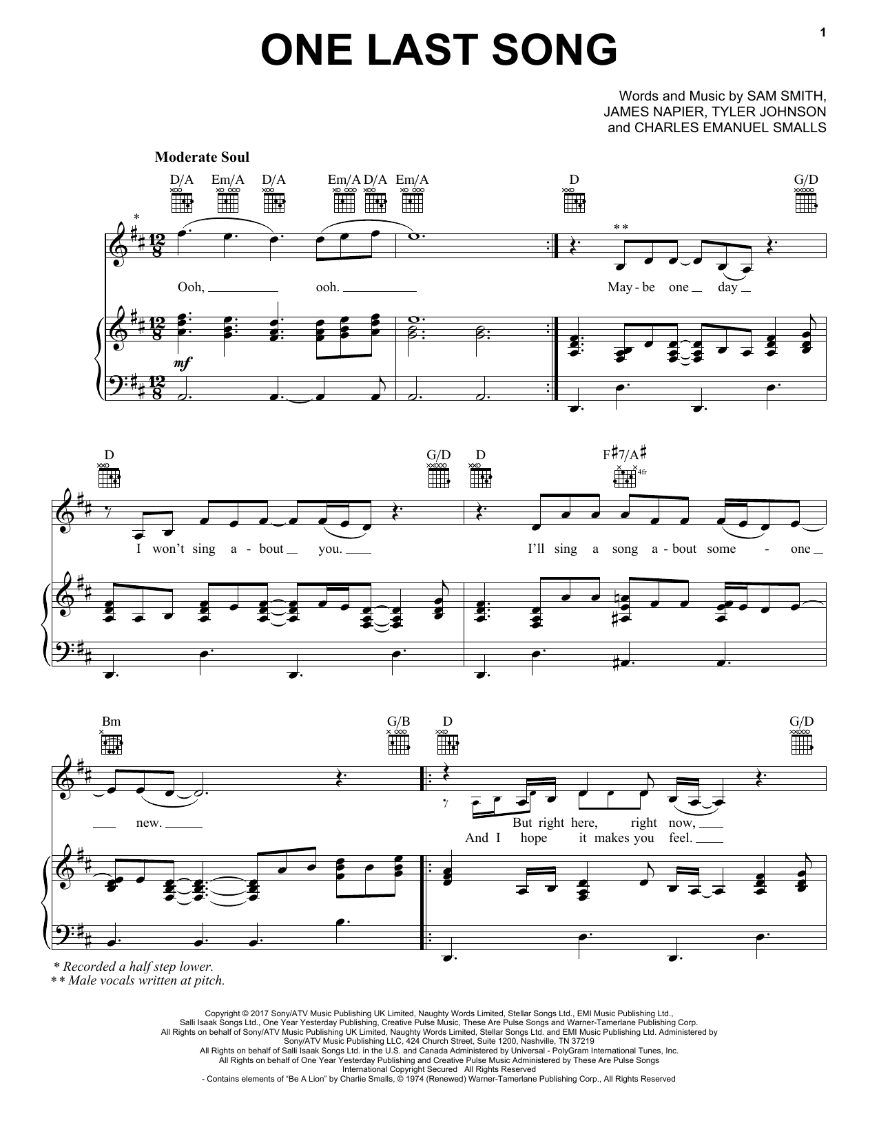 Sam Smith One Last Song Sheet Music Notes & Chords for Easy Piano - Download or Print PDF