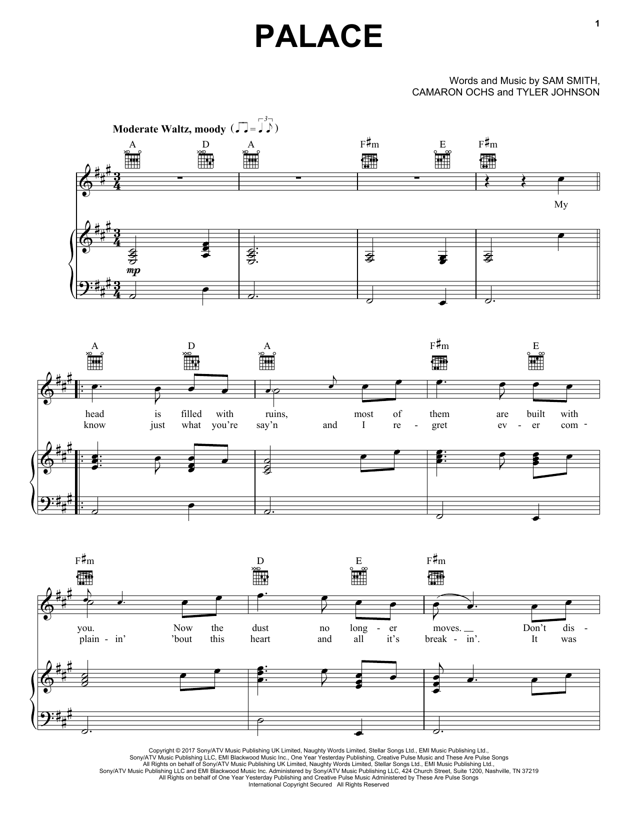 Sam Smith Palace Sheet Music Notes & Chords for Piano, Vocal & Guitar (Right-Hand Melody) - Download or Print PDF