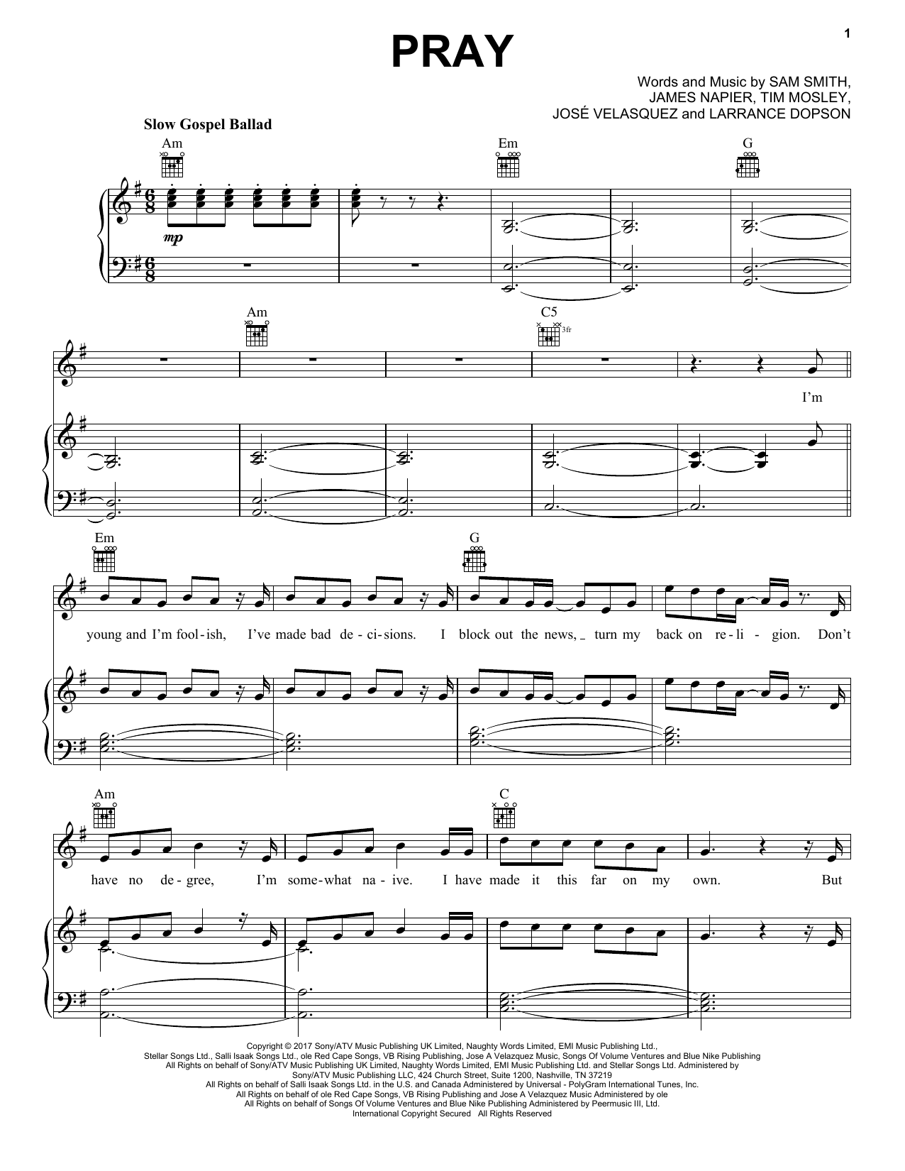 Sam Smith Pray Sheet Music Notes & Chords for Easy Piano - Download or Print PDF