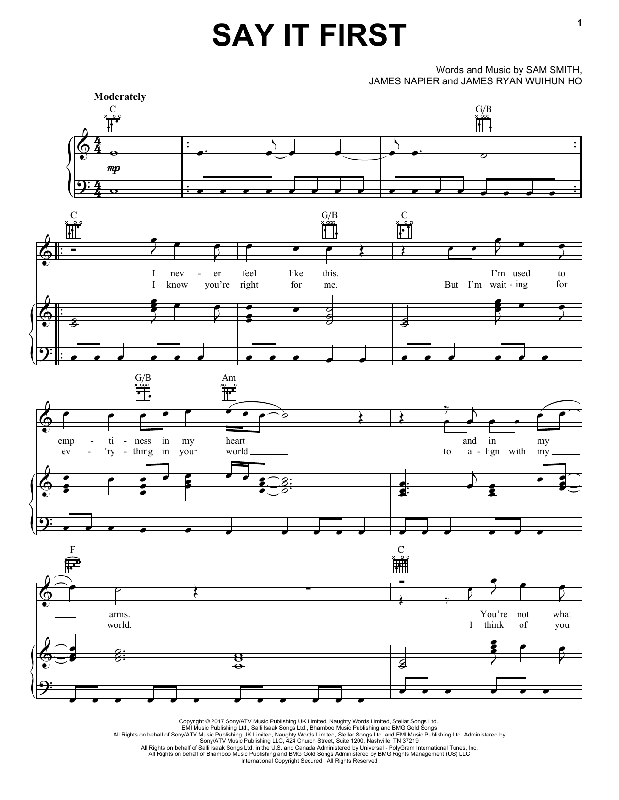 Sam Smith Say It First Sheet Music Notes & Chords for Piano, Vocal & Guitar (Right-Hand Melody) - Download or Print PDF