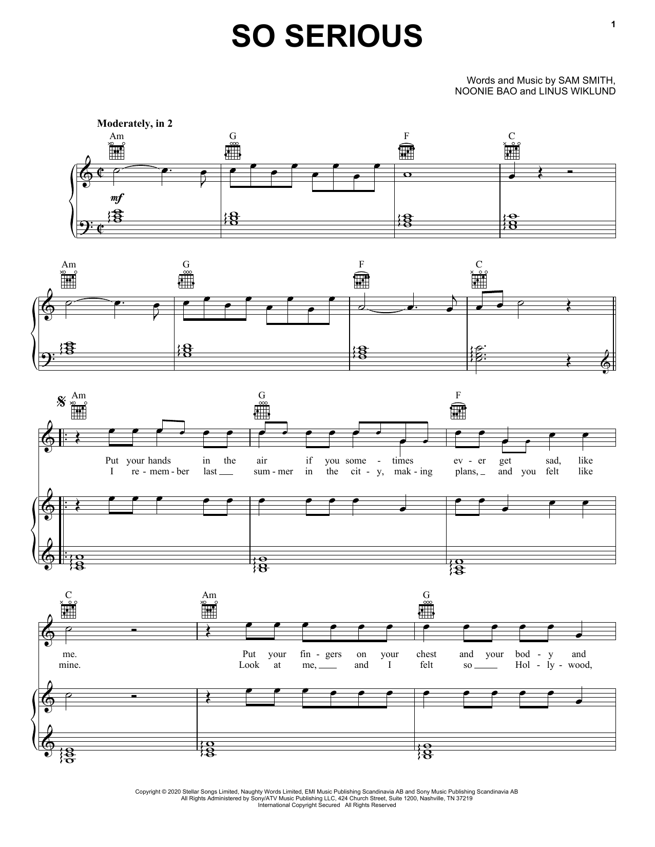 Sam Smith So Serious Sheet Music Notes & Chords for Piano, Vocal & Guitar (Right-Hand Melody) - Download or Print PDF