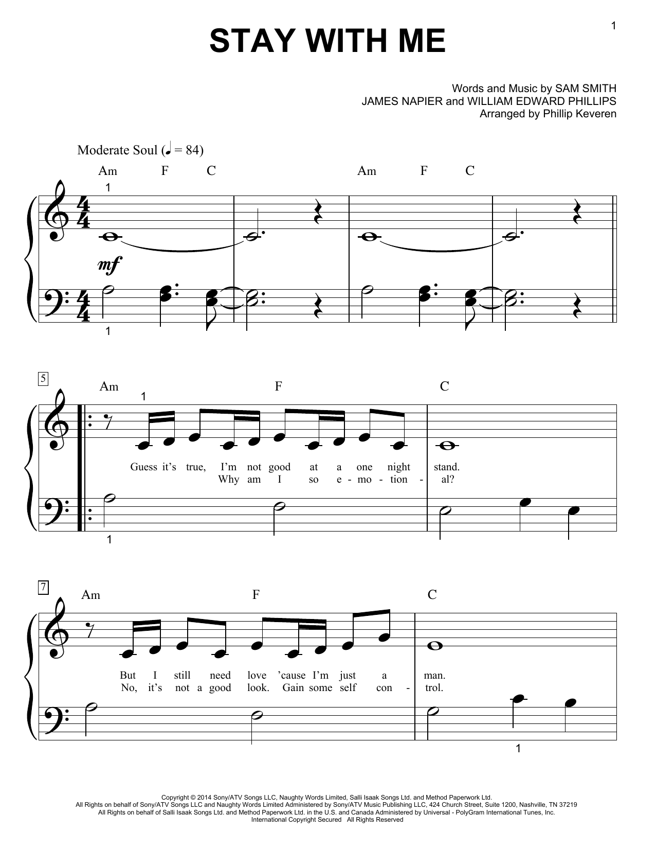 Sam Smith Stay With Me Sheet Music Notes & Chords for Piano (Big Notes) - Download or Print PDF