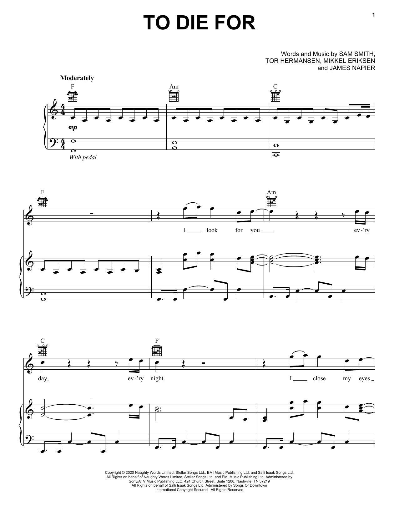 Sam Smith To Die For Sheet Music Notes & Chords for Piano, Vocal & Guitar (Right-Hand Melody) - Download or Print PDF