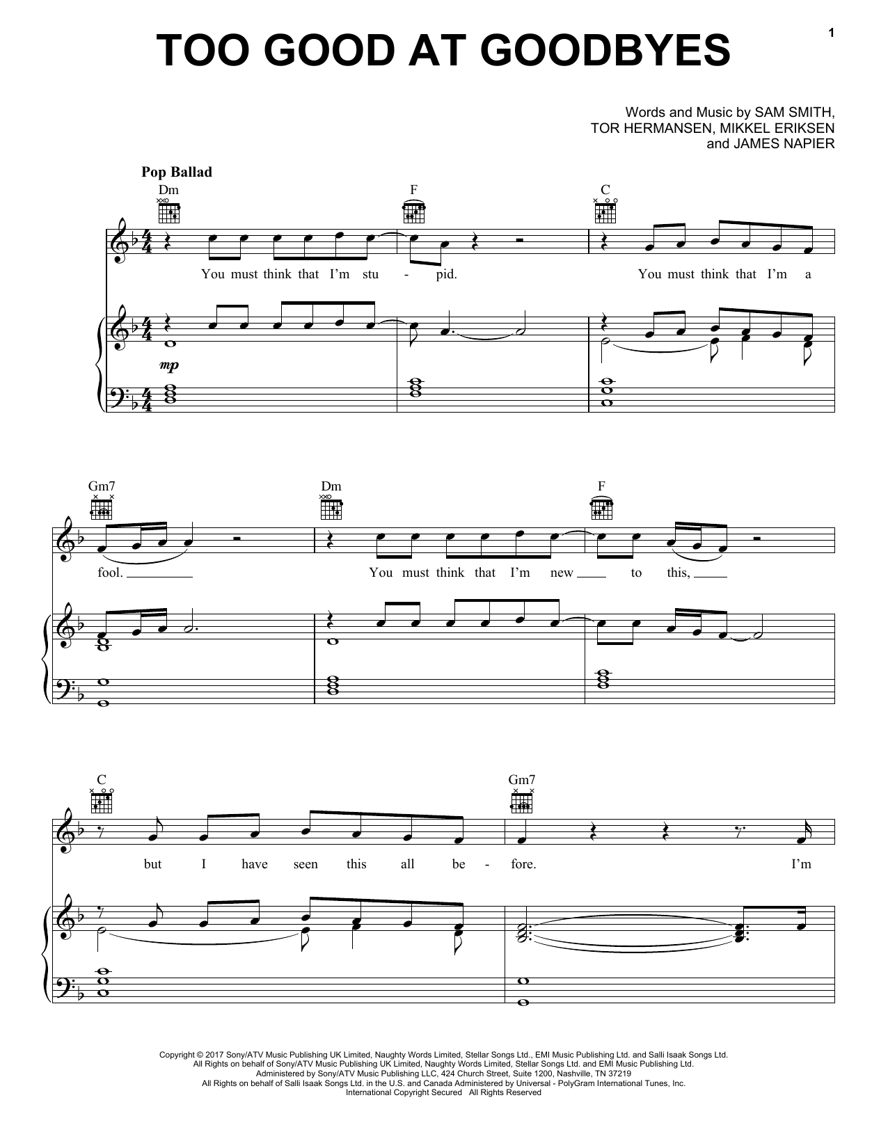 Sam Smith Too Good At Goodbyes Sheet Music Notes & Chords for Piano (Big Notes) - Download or Print PDF