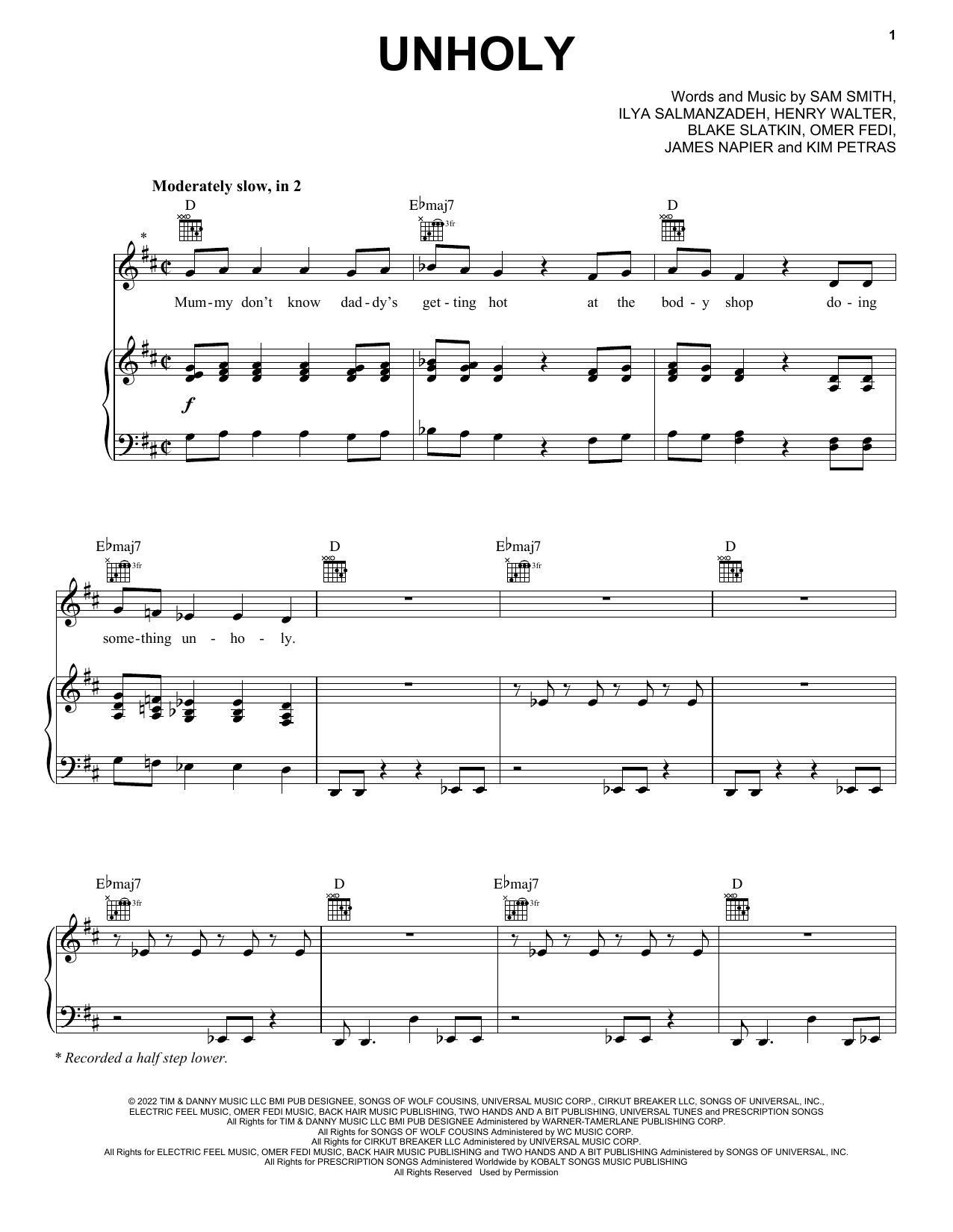 Sam Smith Unholy (feat. Kim Petras) Sheet Music Notes & Chords for Easy Piano - Download or Print PDF