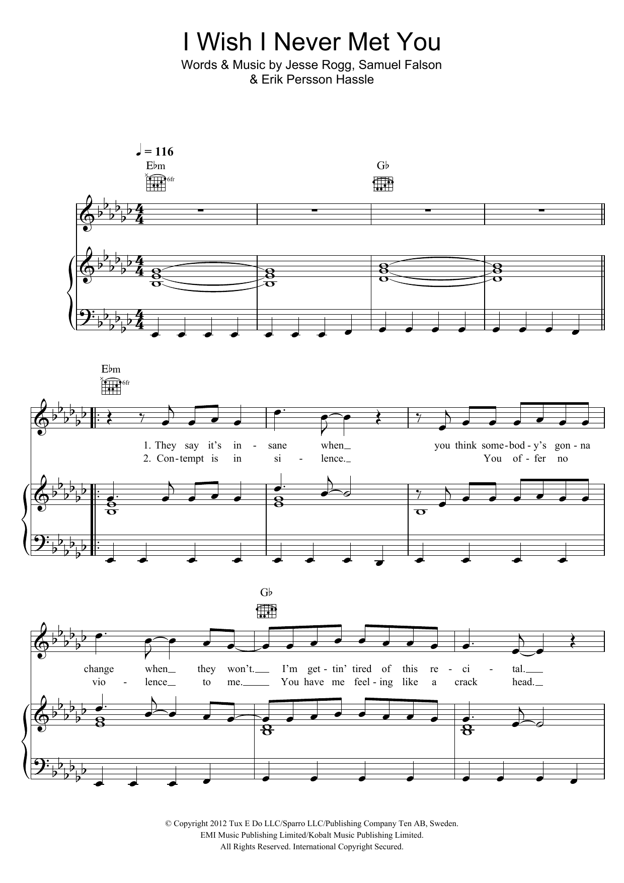Sam Sparro I Wish I Never Met You Sheet Music Notes & Chords for Piano, Vocal & Guitar (Right-Hand Melody) - Download or Print PDF
