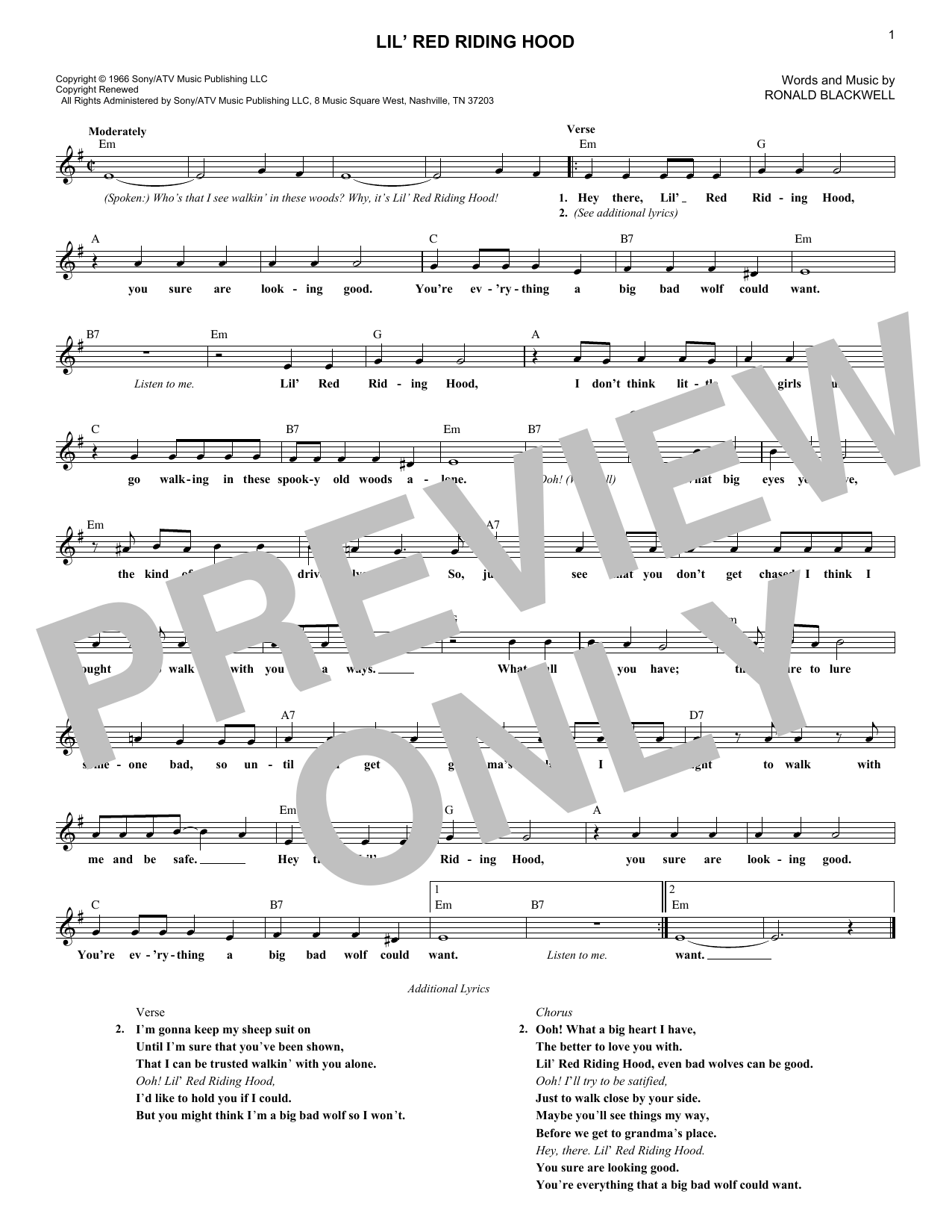 Sam The Sham & The Pharoahs Lil' Red Riding Hood Sheet Music Notes & Chords for Piano, Vocal & Guitar (Right-Hand Melody) - Download or Print PDF