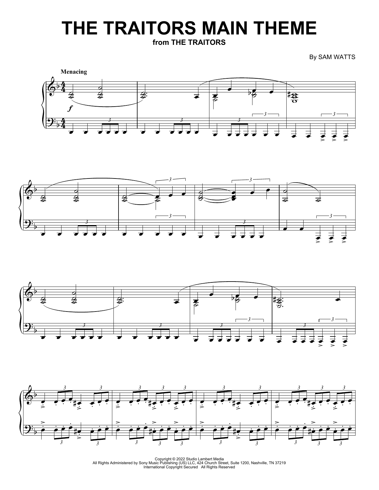 Sam Watts The Traitors Main Theme Sheet Music Notes & Chords for Piano Solo - Download or Print PDF