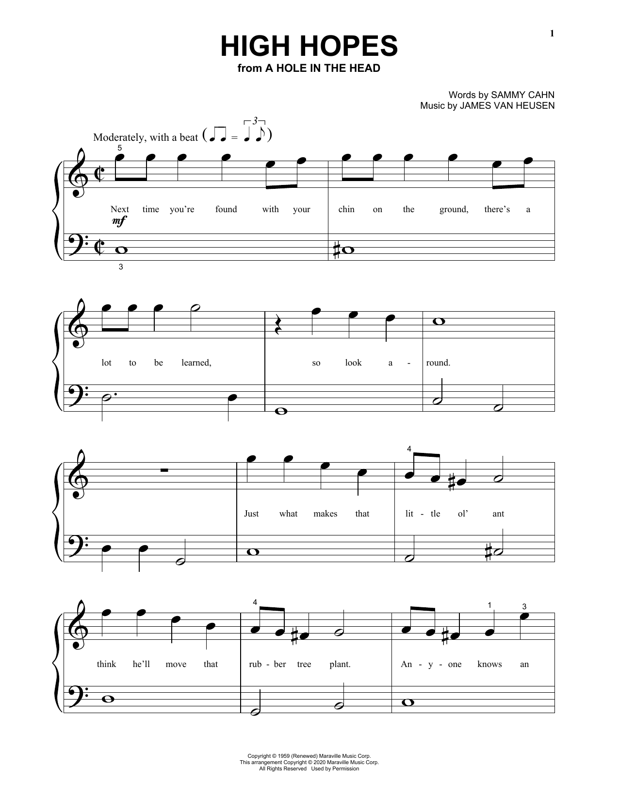 Sammy Cahn & James Van Heusen High Hopes (from A Hole In the Head) Sheet Music Notes & Chords for Big Note Piano - Download or Print PDF