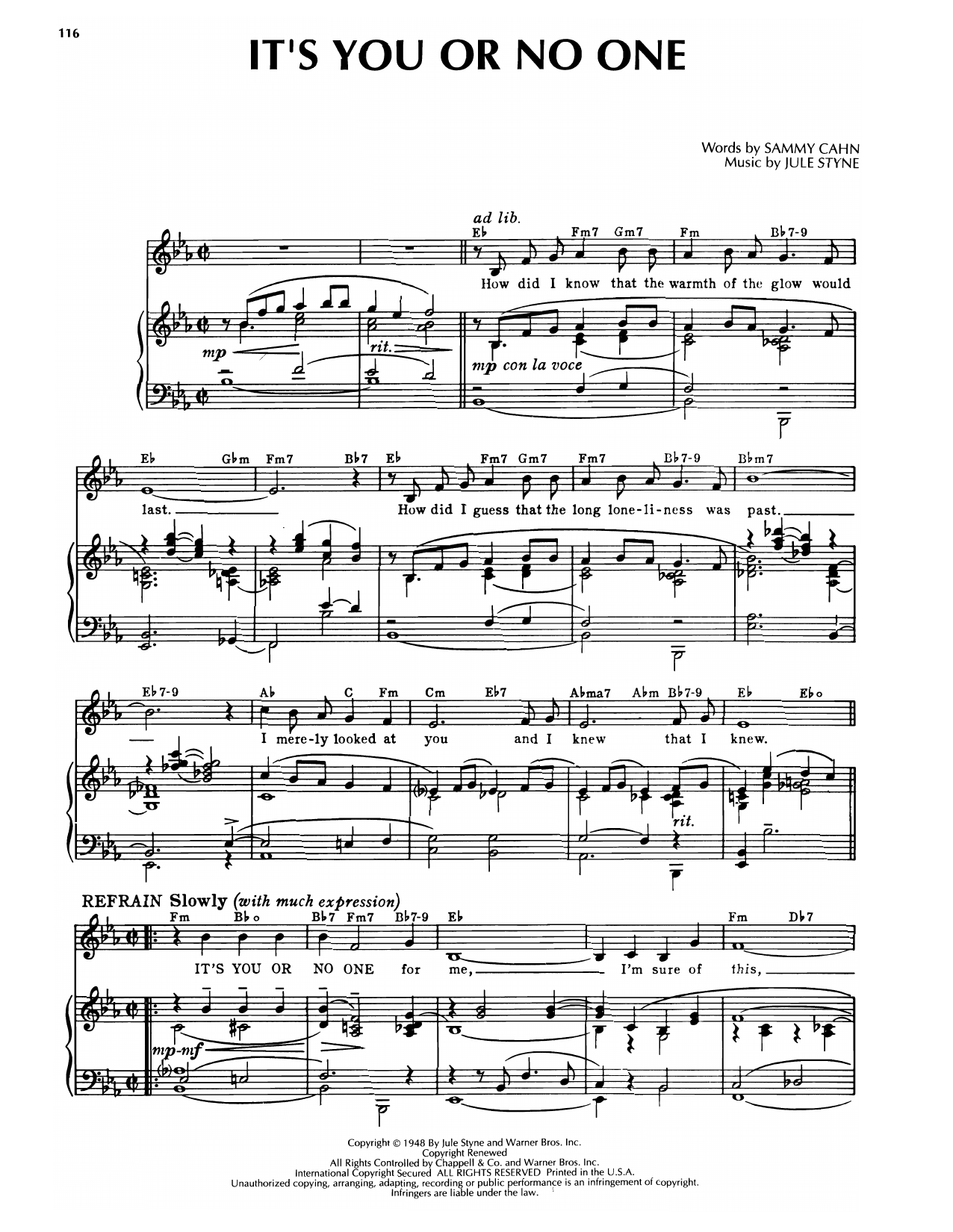 Sammy Cahn & Jule Styne It's You Or No One (from Romance On The High Seas) Sheet Music Notes & Chords for Piano & Vocal - Download or Print PDF