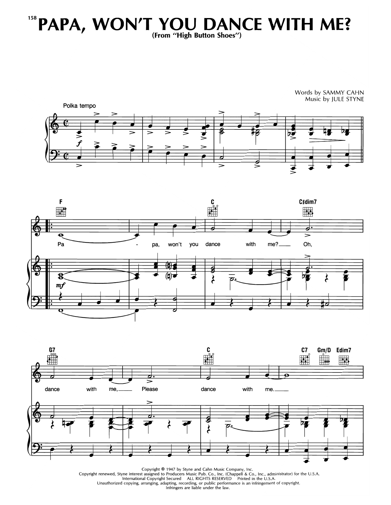 Sammy Cahn & Jule Styne Papa, Won't You Dance With Me? (from High Button Shoes) Sheet Music Notes & Chords for Piano & Vocal - Download or Print PDF