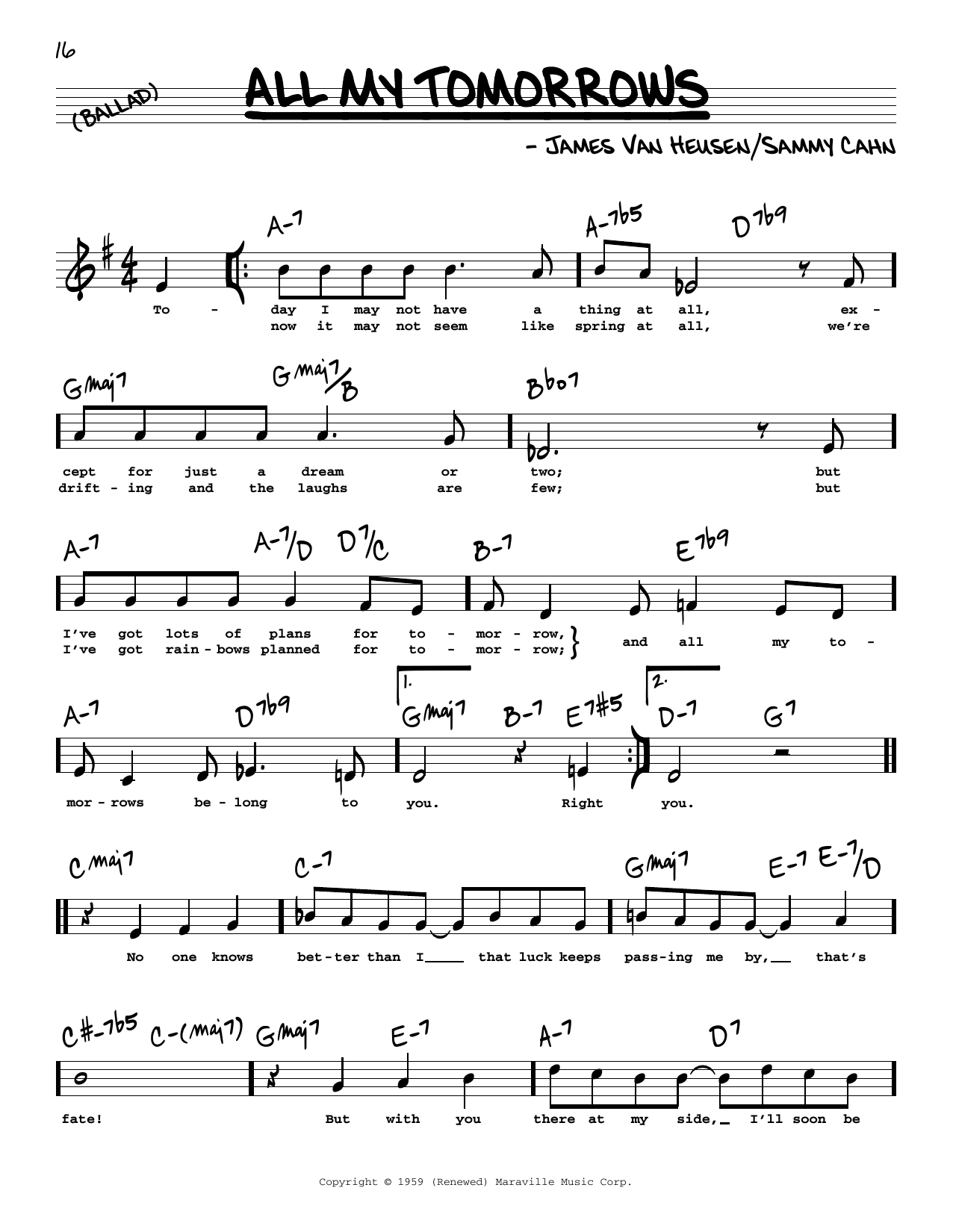 Sammy Cahn All My Tomorrows (High Voice) Sheet Music Notes & Chords for Real Book – Melody, Lyrics & Chords - Download or Print PDF