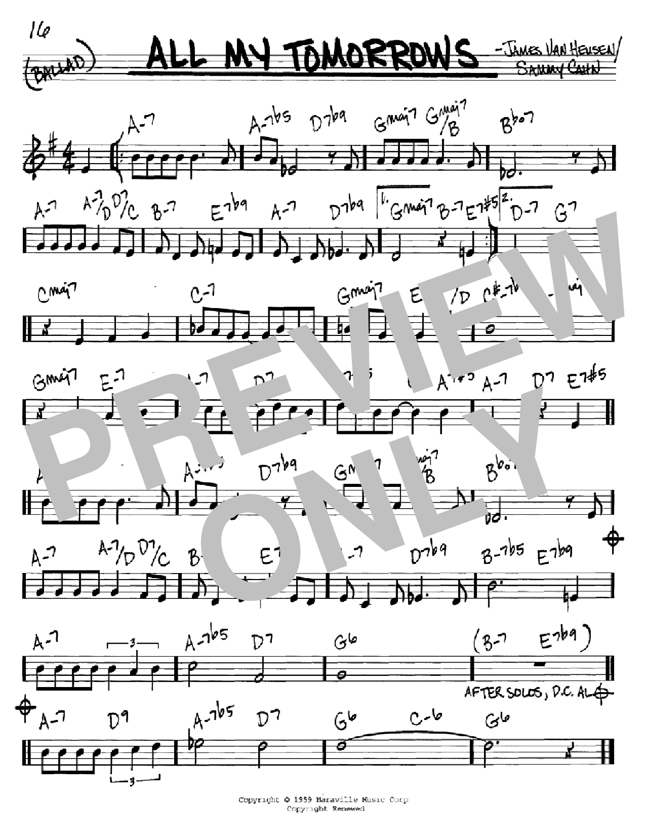 Sammy Cahn All My Tomorrows Sheet Music Notes & Chords for Real Book – Melody & Chords - Download or Print PDF