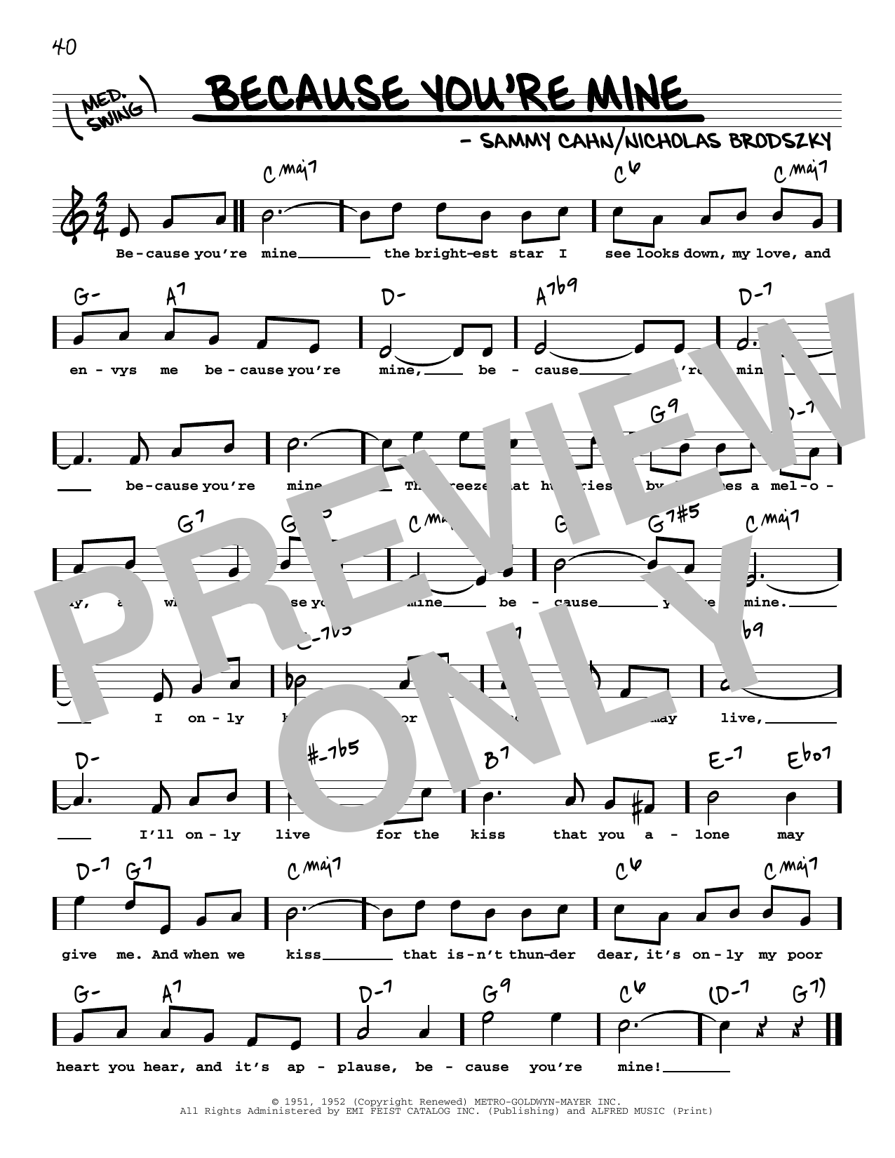Sammy Cahn Because You're Mine (High Voice) Sheet Music Notes & Chords for Real Book – Melody, Lyrics & Chords - Download or Print PDF