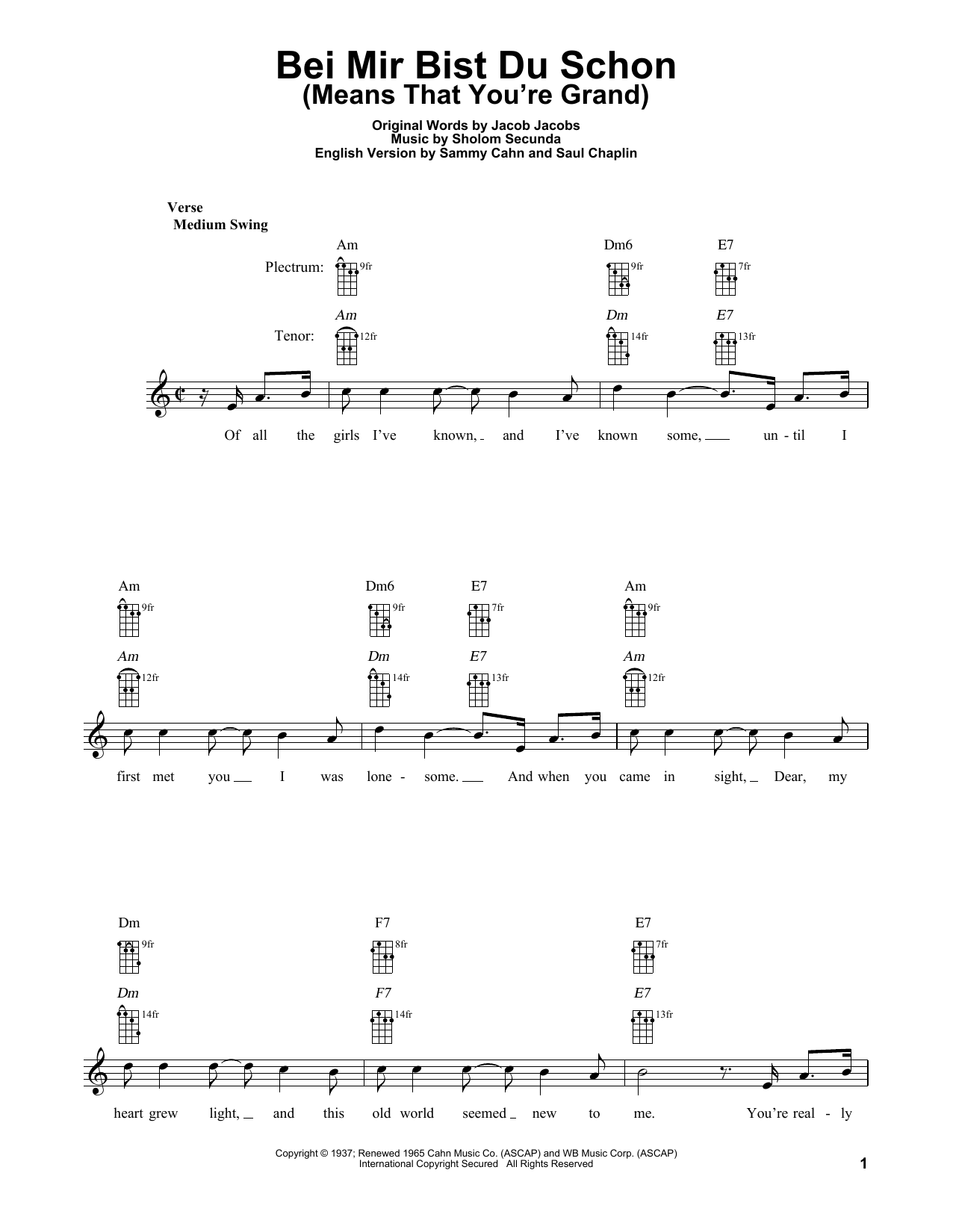Sammy Cahn Bei Mir Bist Du Schon (Means That You're Grand) Sheet Music Notes & Chords for Banjo - Download or Print PDF