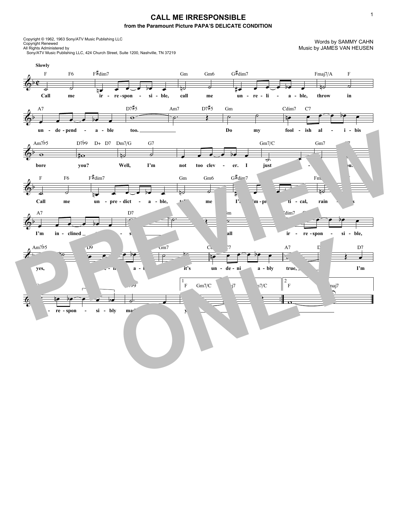 Sammy Cahn Call Me Irresponsible Sheet Music Notes & Chords for Melody Line, Lyrics & Chords - Download or Print PDF