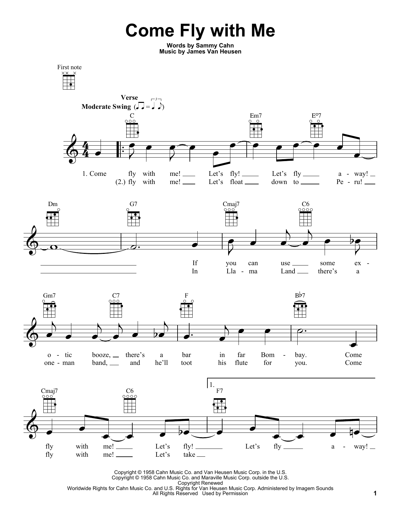 Sammy Cahn Come Fly With Me Sheet Music Notes & Chords for Ukulele - Download or Print PDF