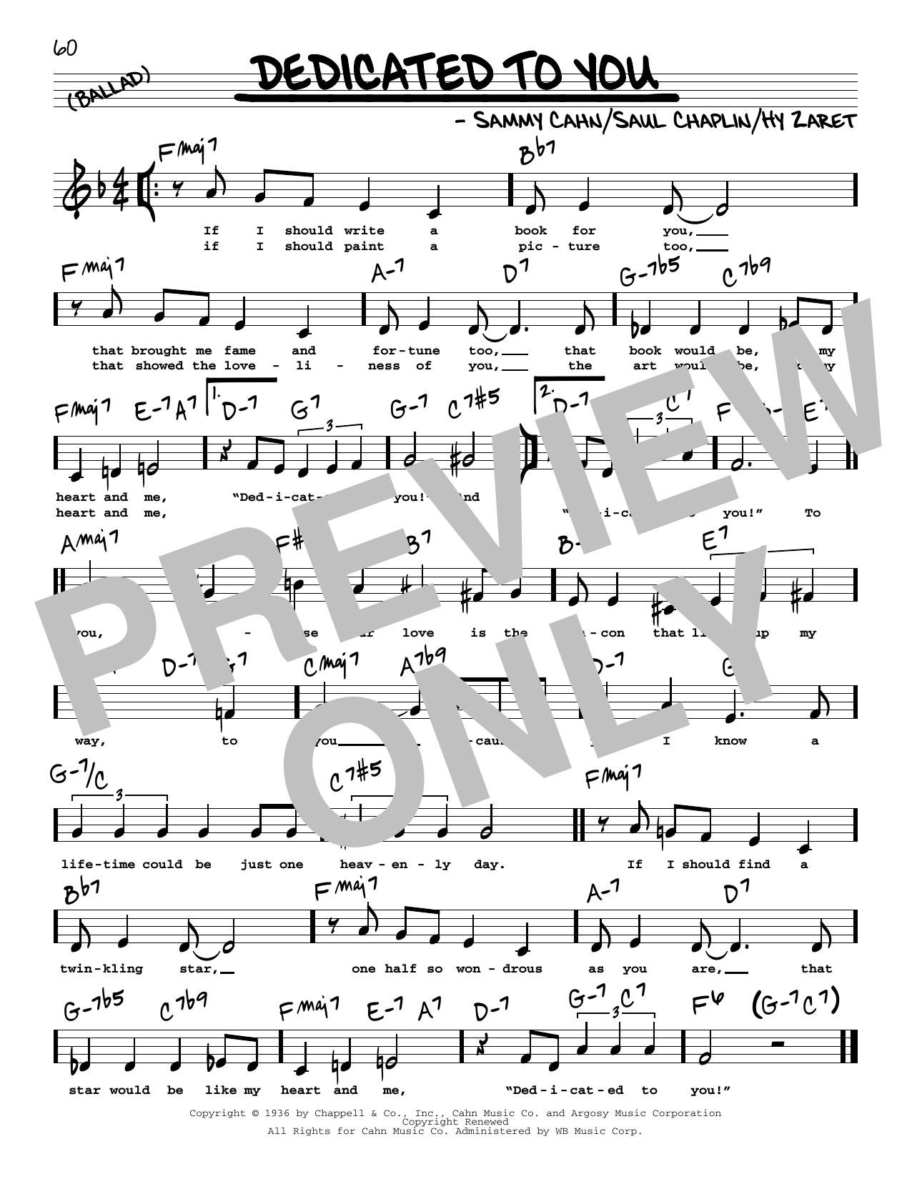 Sammy Cahn Dedicated To You (Low Voice) Sheet Music Notes & Chords for Real Book – Melody, Lyrics & Chords - Download or Print PDF