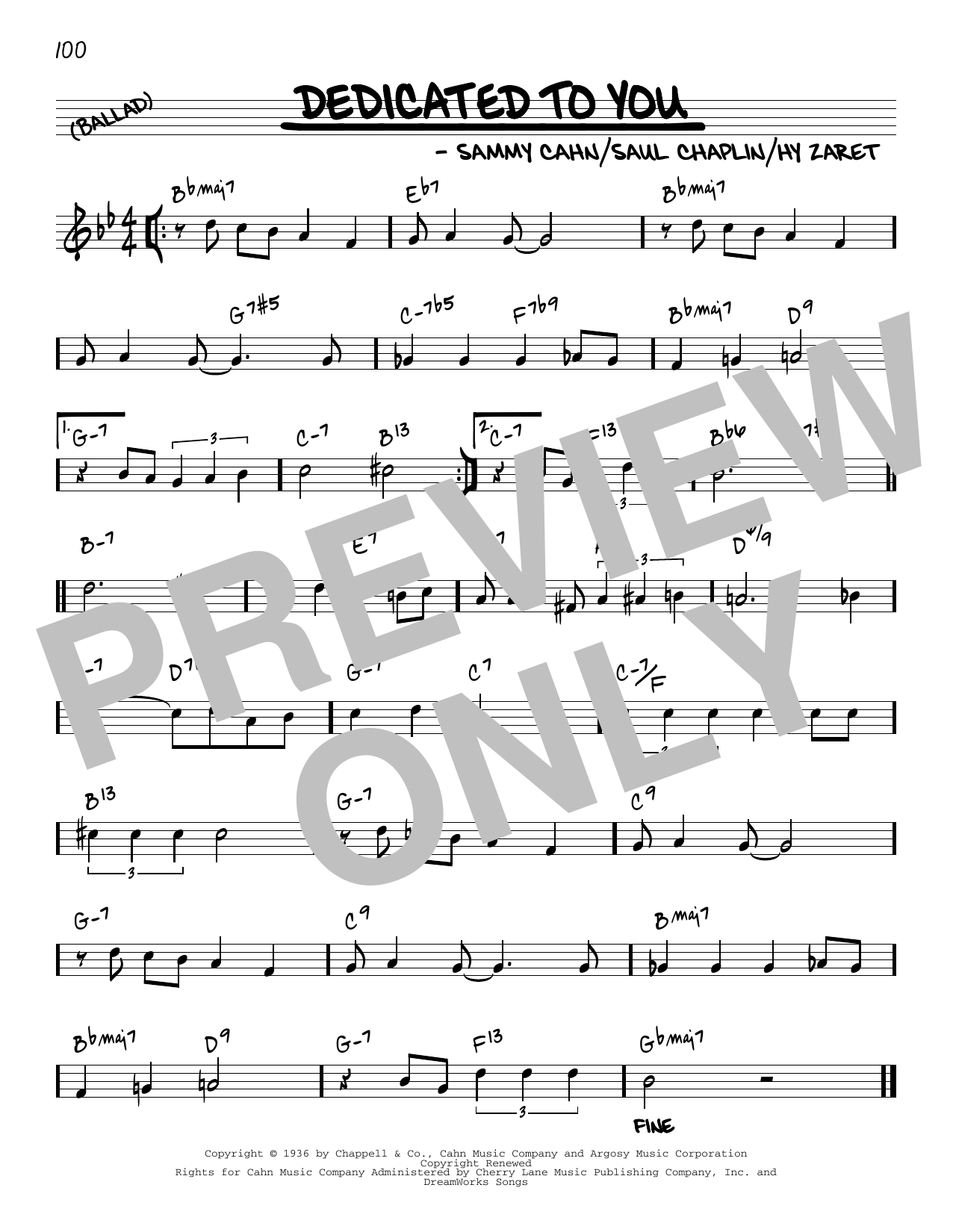 Sammy Cahn Dedicated To You [Reharmonized version] (arr. Jack Grassel) Sheet Music Notes & Chords for Real Book – Melody & Chords - Download or Print PDF