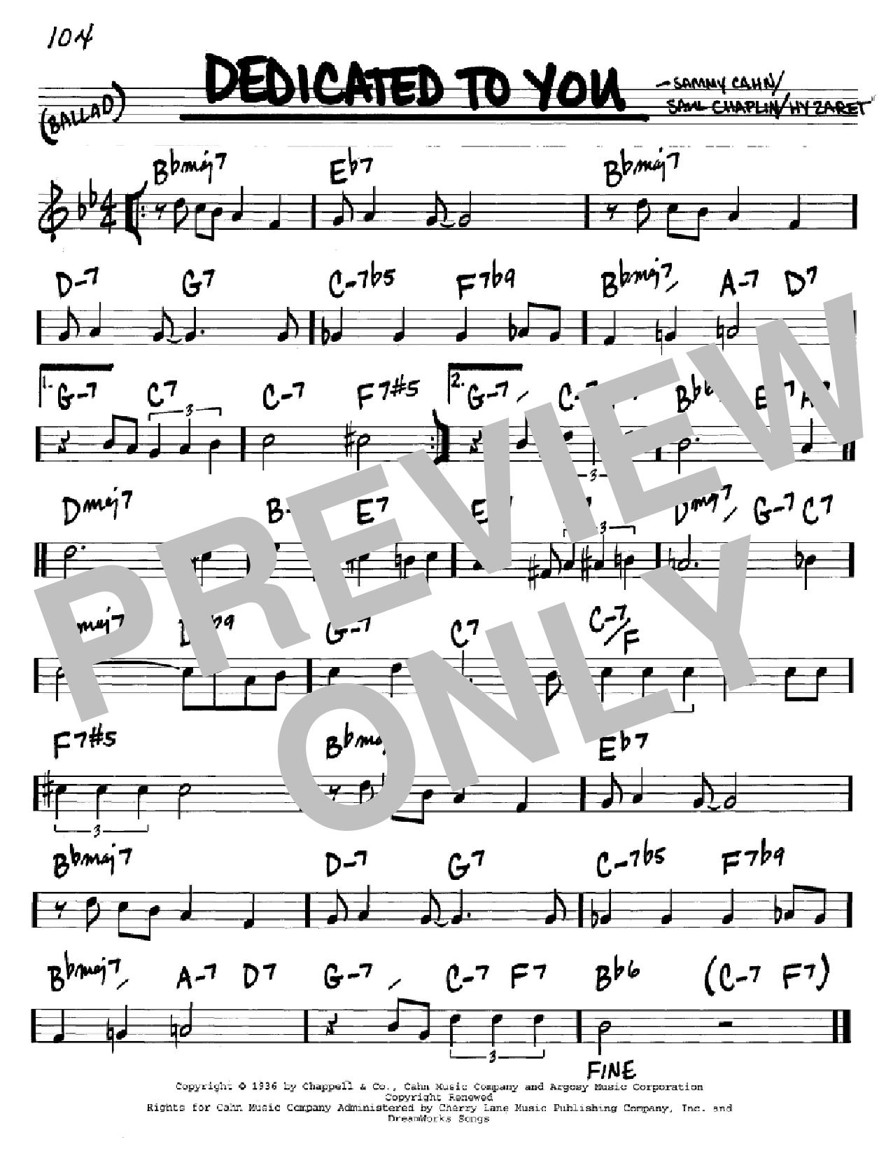 Sammy Cahn Dedicated To You Sheet Music Notes & Chords for Real Book - Melody & Chords - Bass Clef Instruments - Download or Print PDF