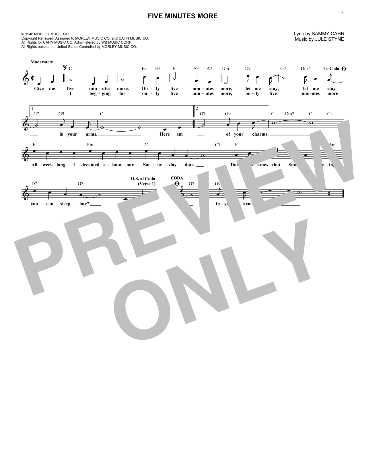 Sammy Cahn Five Minutes More Sheet Music Notes & Chords for Melody Line, Lyrics & Chords - Download or Print PDF