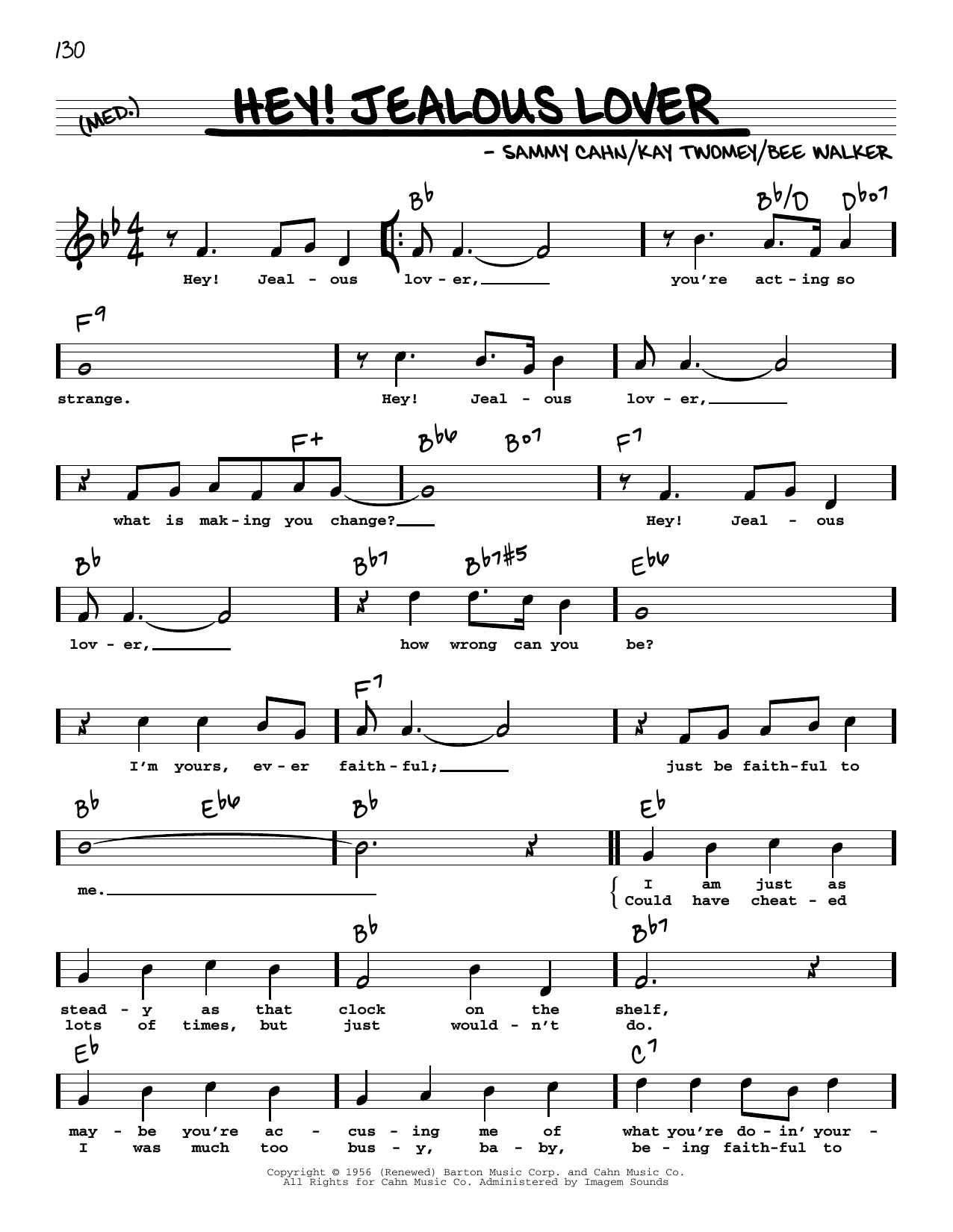 Sammy Cahn Hey! Jealous Lover (High Voice) Sheet Music Notes & Chords for Real Book – Melody, Lyrics & Chords - Download or Print PDF