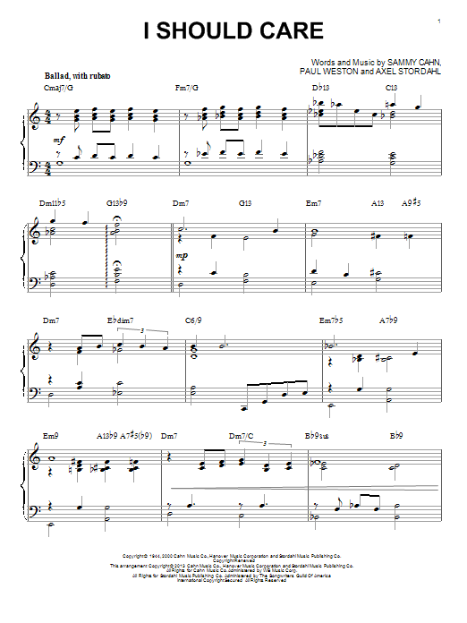 Sammy Cahn I Should Care (arr. Brent Edstrom) Sheet Music Notes & Chords for Piano - Download or Print PDF Sammy Cahn I Should Care (arr. Brent Edstrom) Sheet Music Notes & Chords for Piano - Download or Print PDF