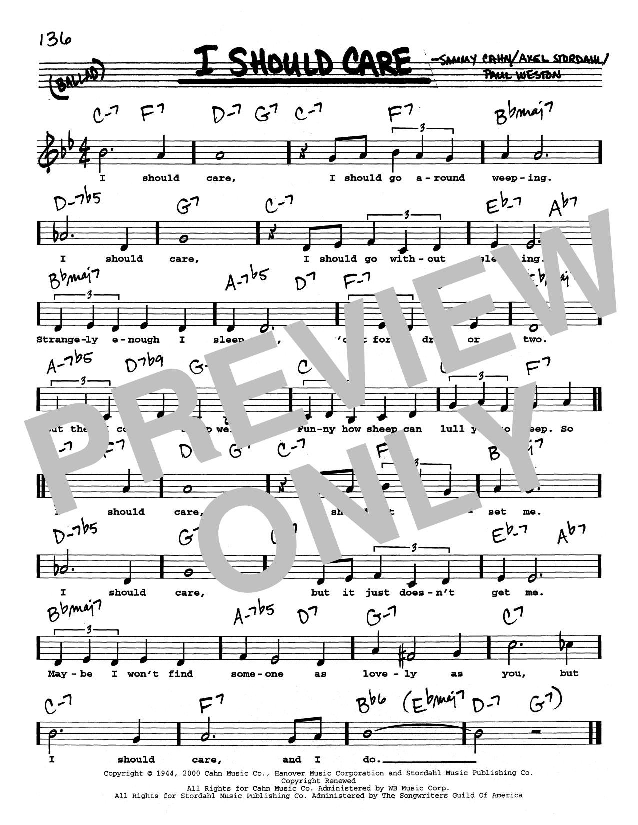 Sammy Cahn I Should Care (Low Voice) Sheet Music Notes & Chords for Real Book – Melody, Lyrics & Chords - Download or Print PDF