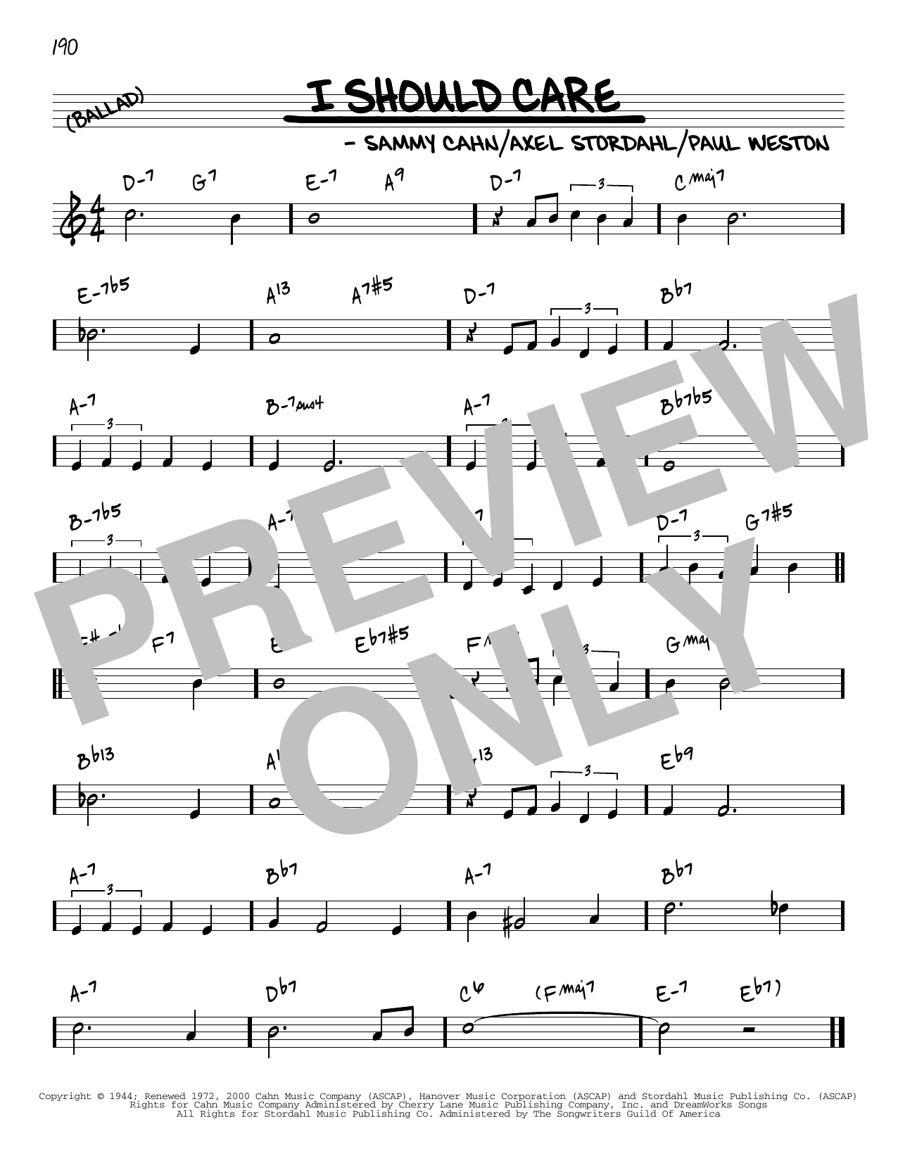 Sammy Cahn I Should Care [Reharmonized version] (arr. Jack Grassel) Sheet Music Notes & Chords for Real Book – Melody & Chords - Download or Print PDF