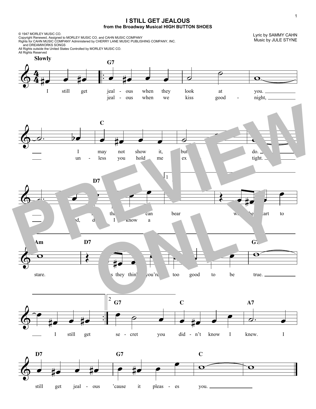 Sammy Cahn I Still Get Jealous Sheet Music Notes & Chords for Melody Line, Lyrics & Chords - Download or Print PDF