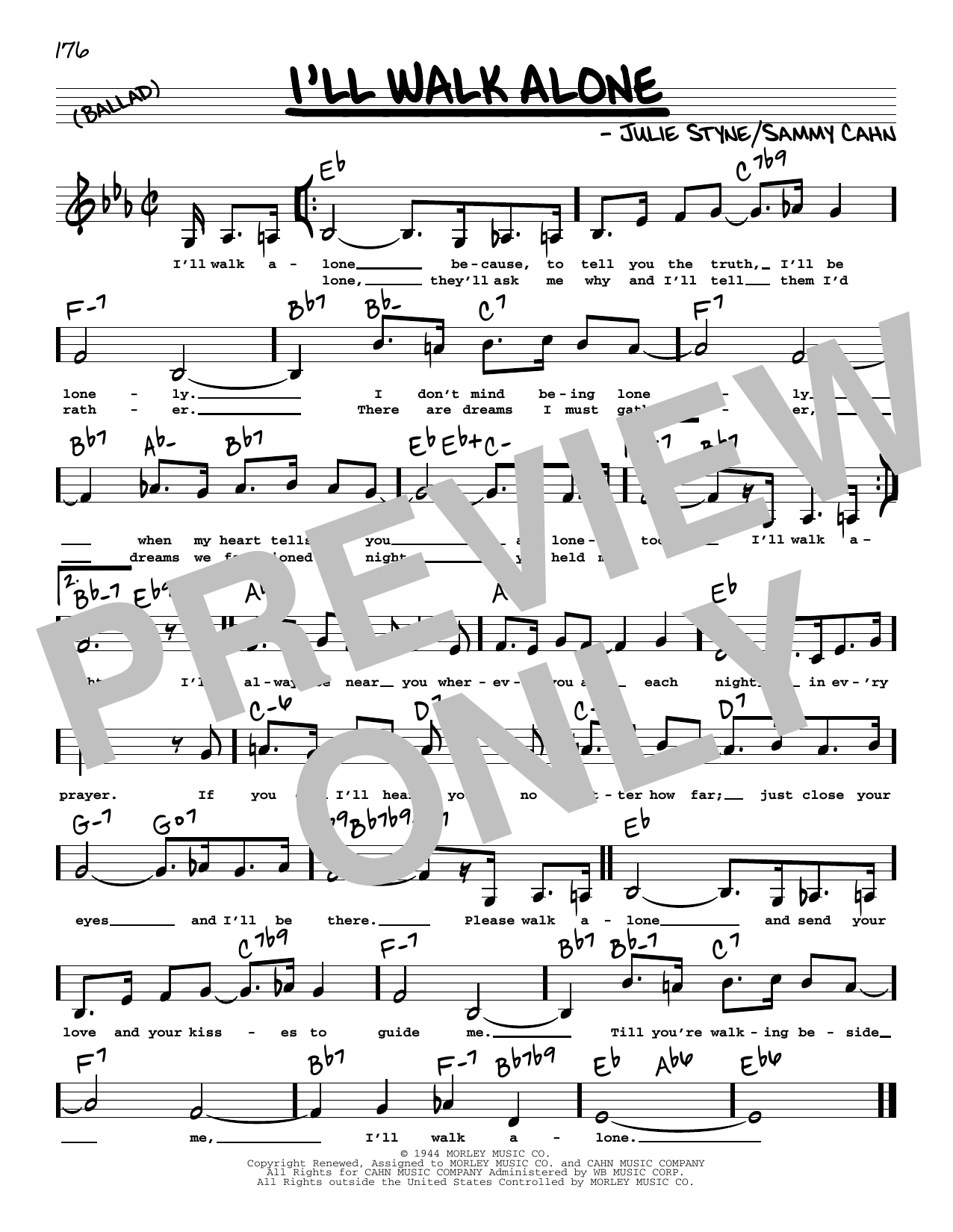 Sammy Cahn I'll Walk Alone (Low Voice) Sheet Music Notes & Chords for Real Book – Melody, Lyrics & Chords - Download or Print PDF