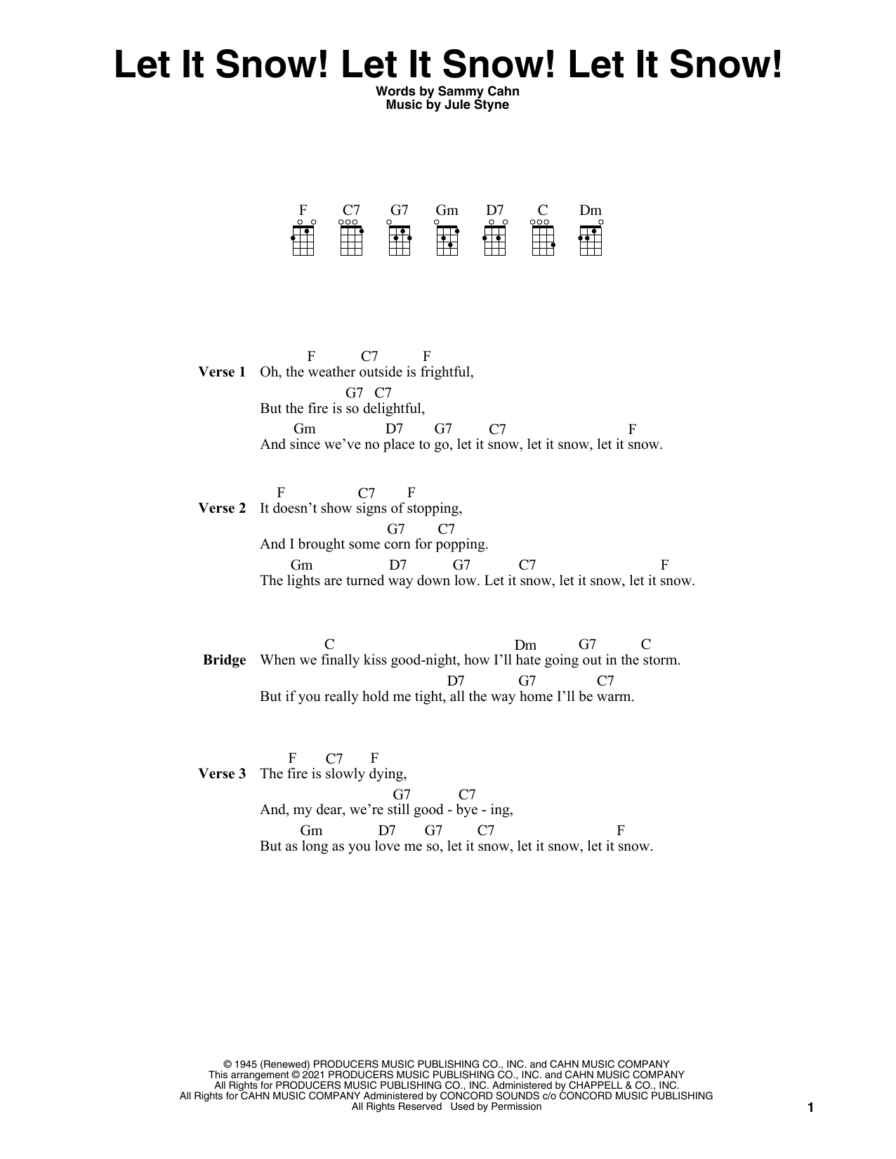 Sammy Cahn Let It Snow! Let It Snow! Let It Snow! (arr. Fred Sokolow) Sheet Music Notes & Chords for Ukulele - Download or Print PDF