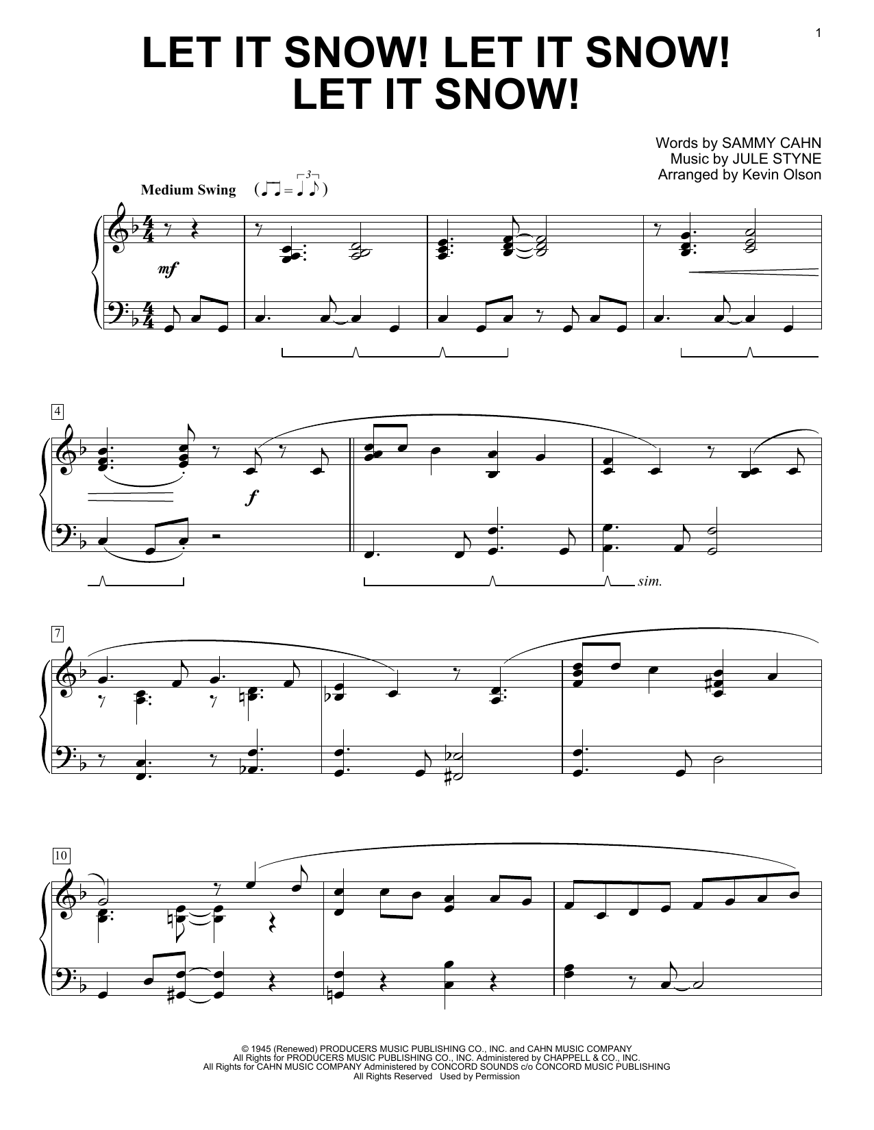 Sammy Cahn Let It Snow! Let It Snow! Let It Snow! (arr. Kevin Olson) Sheet Music Notes & Chords for Easy Piano Solo - Download or Print PDF