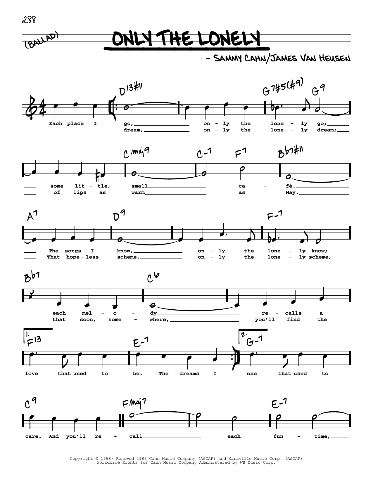 Sammy Cahn Only The Lonely (High Voice) Sheet Music Notes & Chords for Real Book – Melody, Lyrics & Chords - Download or Print PDF
