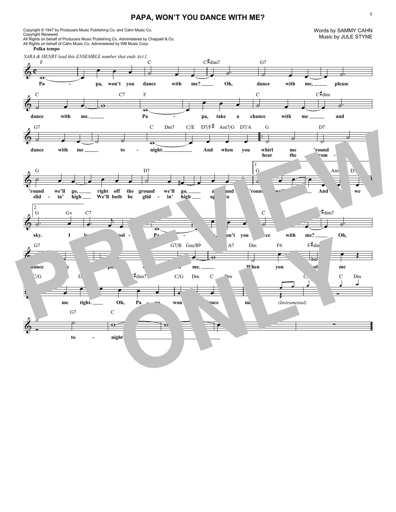 Sammy Cahn Papa, Won't You Dance With Me? Sheet Music Notes & Chords for Lead Sheet / Fake Book - Download or Print PDF