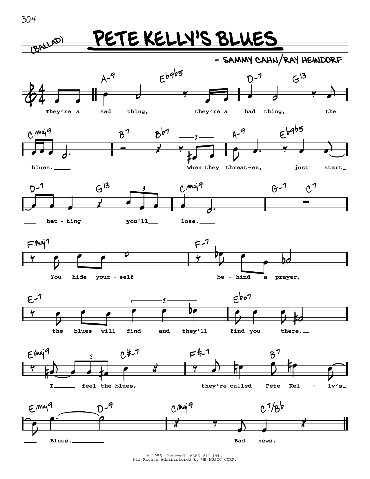 Sammy Cahn Pete Kelly's Blues (High Voice) Sheet Music Notes & Chords for Real Book – Melody, Lyrics & Chords - Download or Print PDF