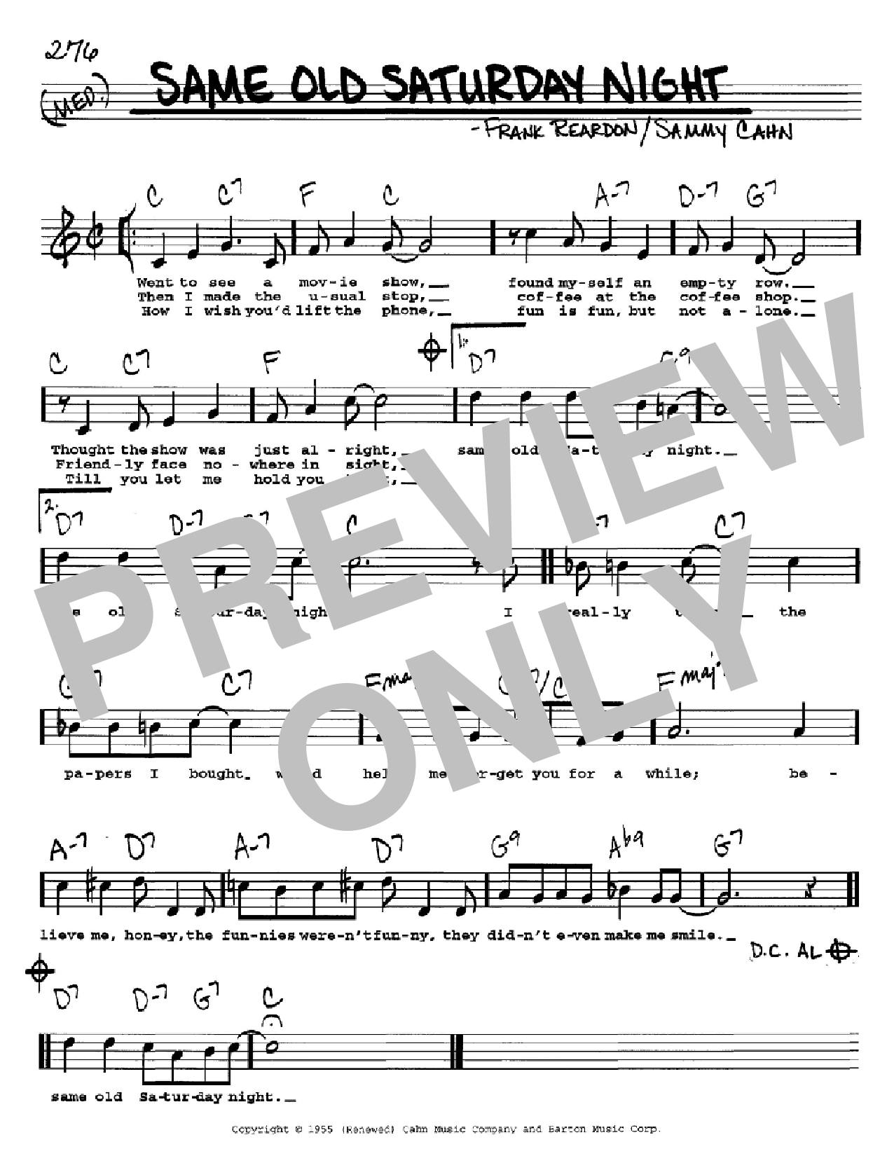 Sammy Cahn Same Old Saturday Night Sheet Music Notes & Chords for Real Book - Melody, Lyrics & Chords - C Instruments - Download or Print PDF