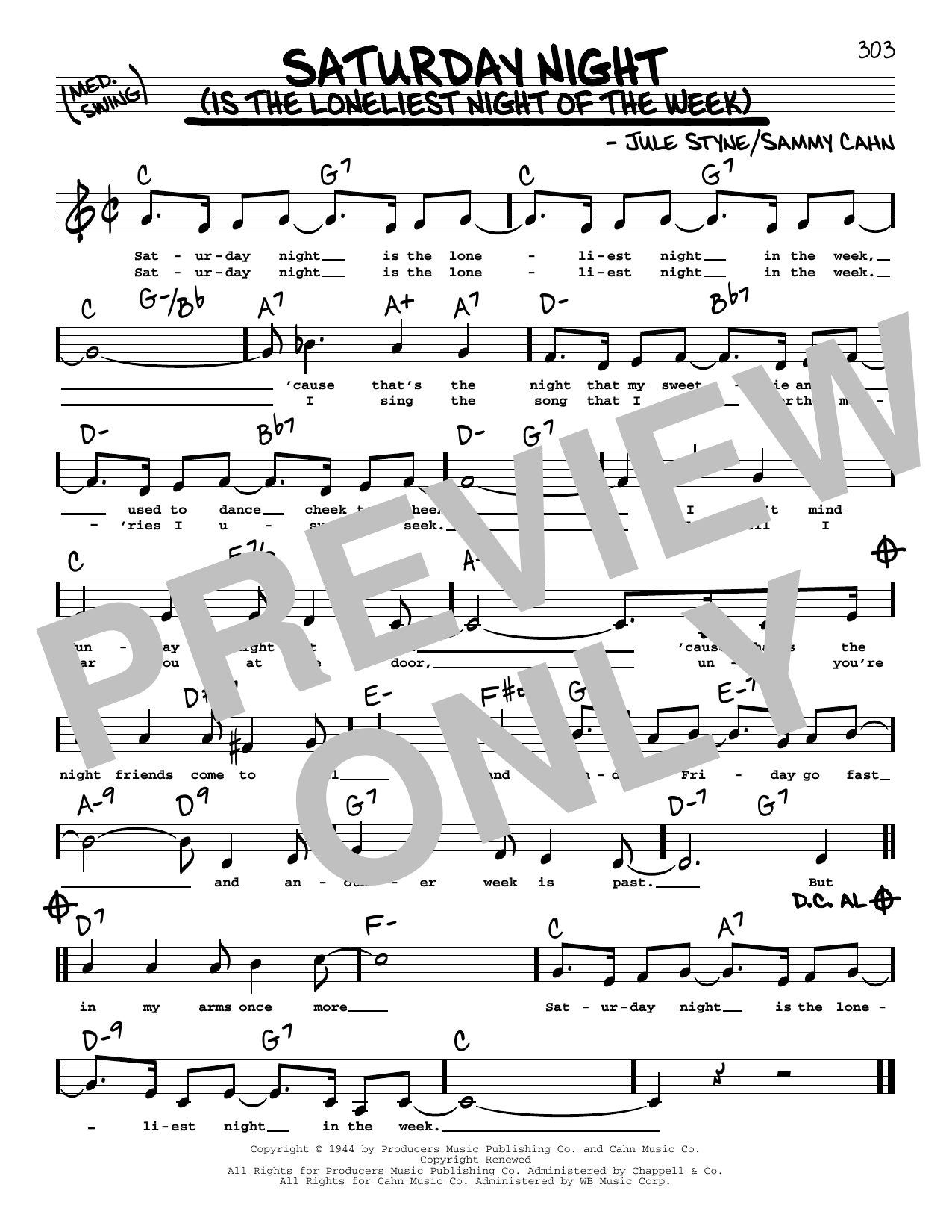 Sammy Cahn Saturday Night (Is The Loneliest Night Of The Week) (Low Voice) Sheet Music Notes & Chords for Real Book – Melody, Lyrics & Chords - Download or Print PDF