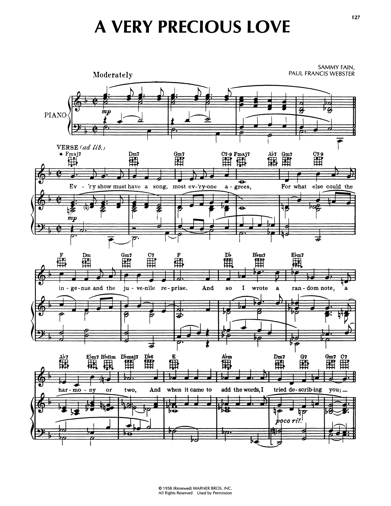 Sammy Fain A Very Precious Love Sheet Music Notes & Chords for Piano, Vocal & Guitar Chords (Right-Hand Melody) - Download or Print PDF