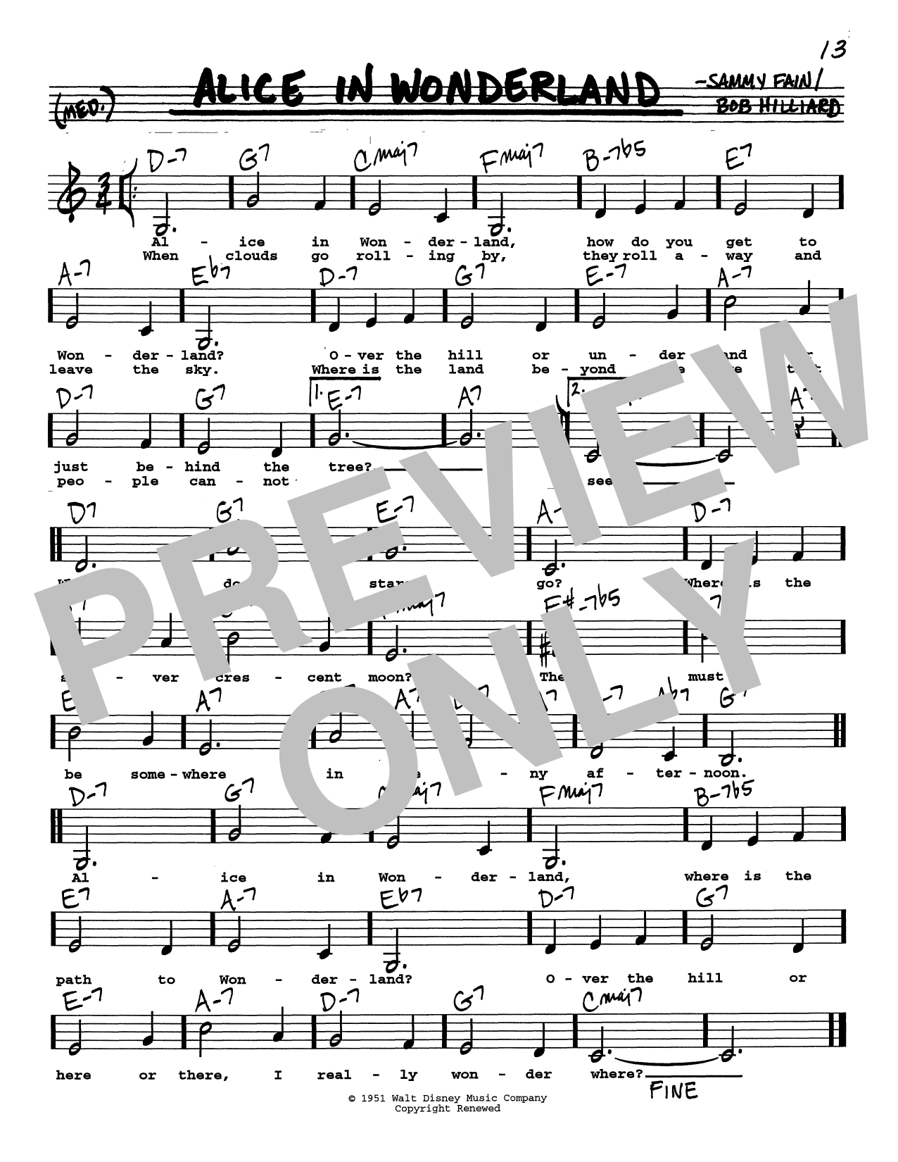 Sammy Fain Alice In Wonderland (Low Voice) Sheet Music Notes & Chords for Real Book – Melody, Lyrics & Chords - Download or Print PDF