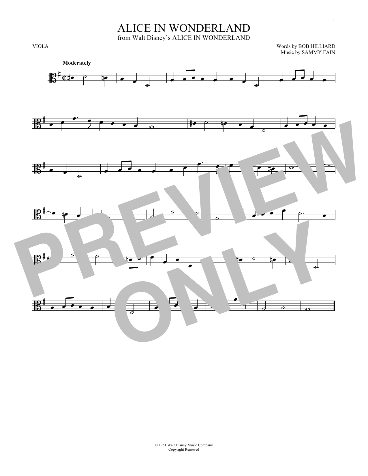 Sammy Fain Alice In Wonderland Sheet Music Notes & Chords for Melody Line, Lyrics & Chords - Download or Print PDF