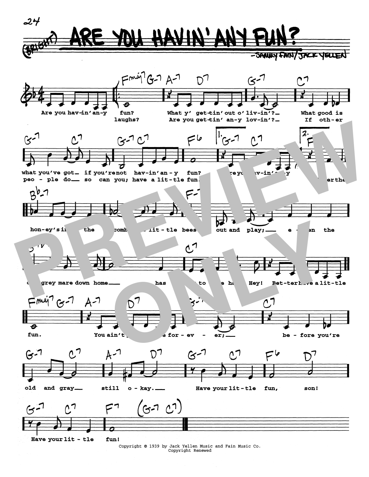 Sammy Fain Are You Havin' Any Fun? (Low Voice) Sheet Music Notes & Chords for Real Book – Melody, Lyrics & Chords - Download or Print PDF