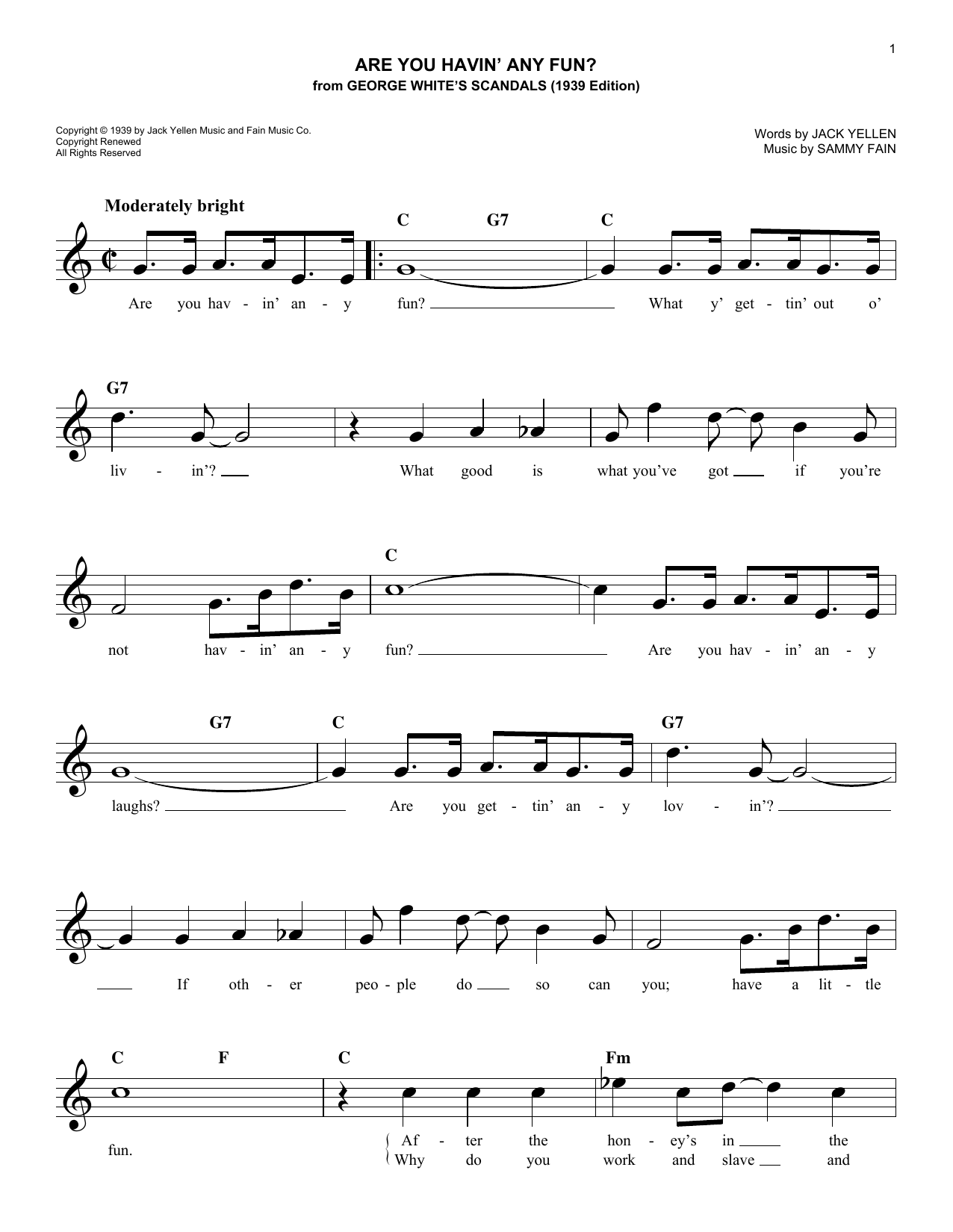 Sammy Fain Are You Havin' Any Fun? Sheet Music Notes & Chords for Melody Line, Lyrics & Chords - Download or Print PDF