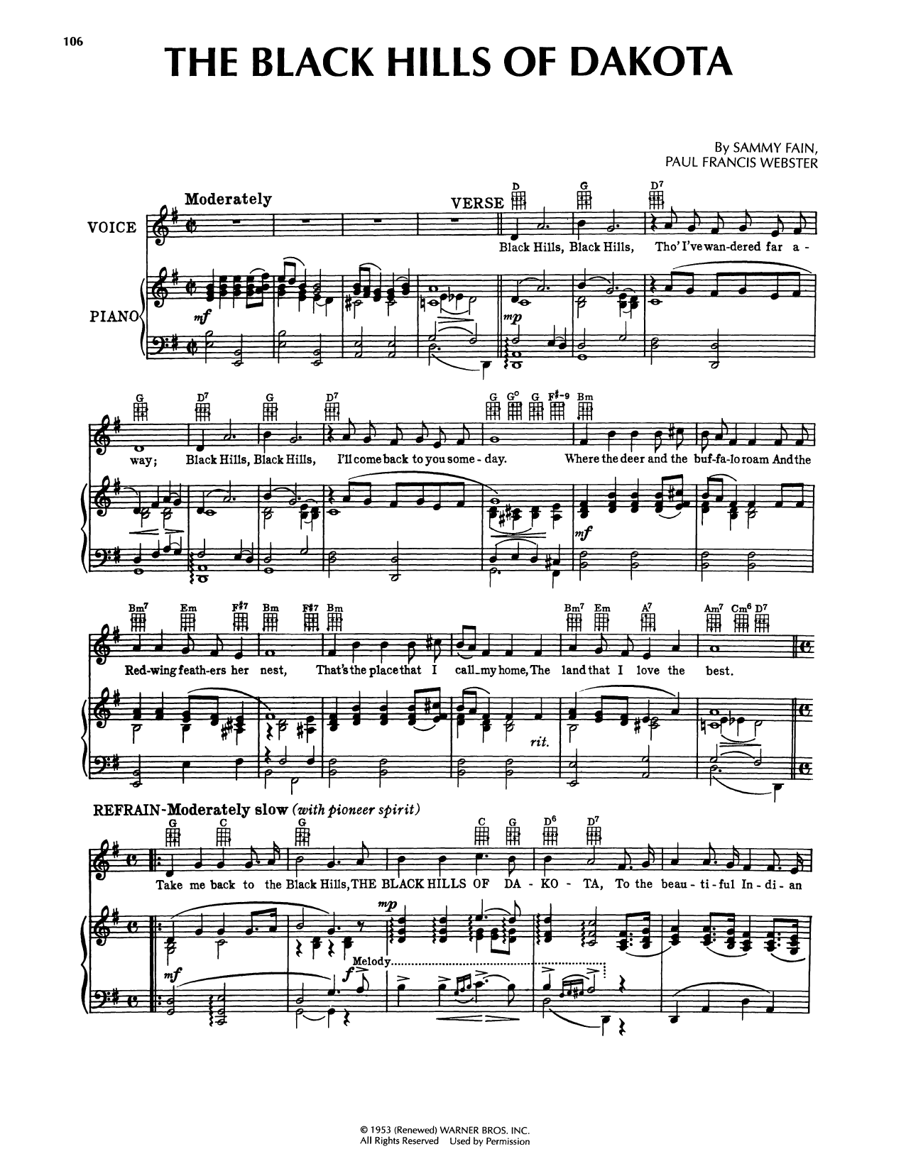 Sammy Fain Black Hills Of Dakota (from Calamity Jane) Sheet Music Notes & Chords for Piano, Vocal & Guitar Chords (Right-Hand Melody) - Download or Print PDF